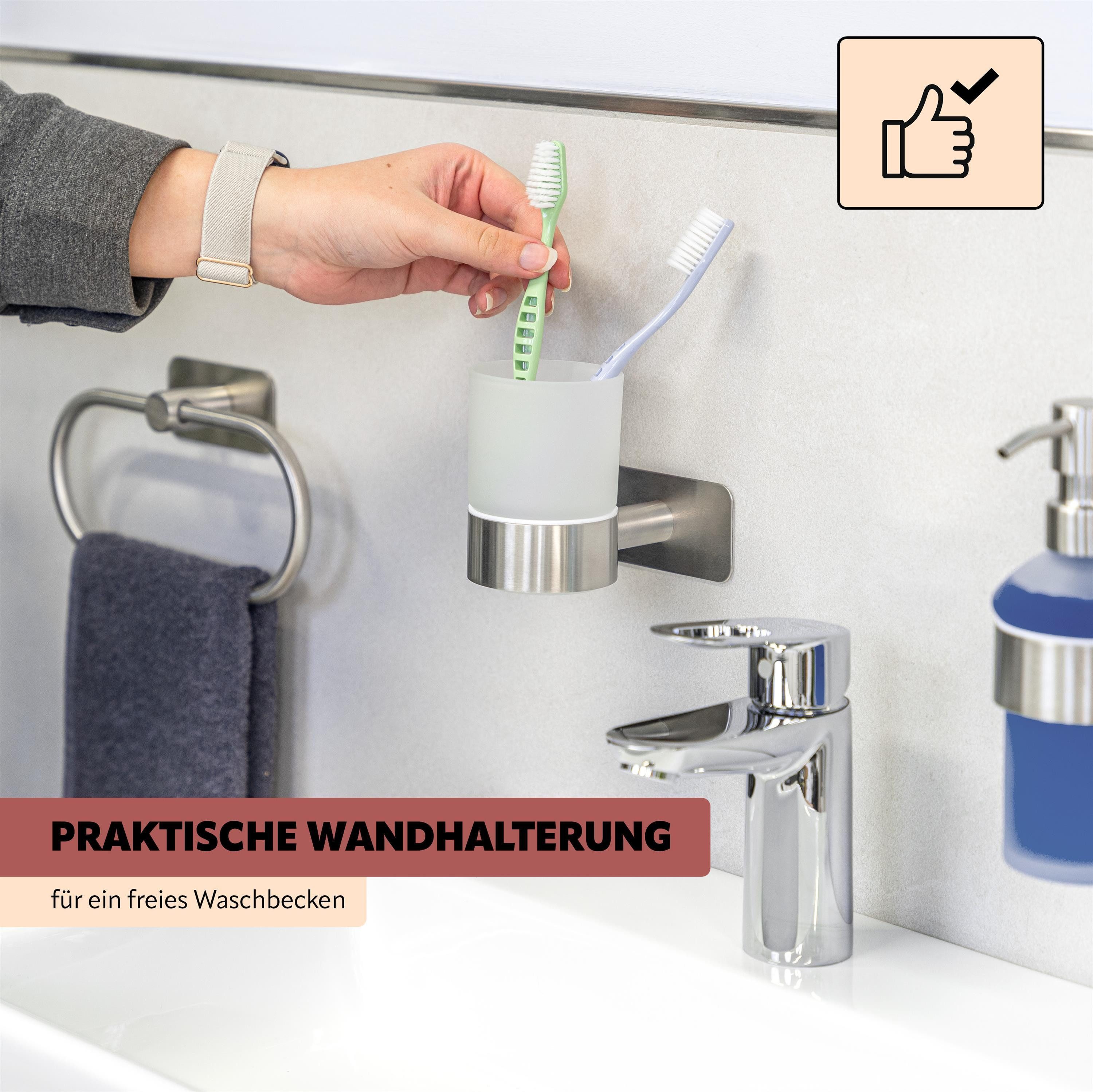 bremermann Zahnputzbecher Bad-Serie PIAZZA TAPE - mit Klebepad, aus Glas und Edelstahl, (1-St)