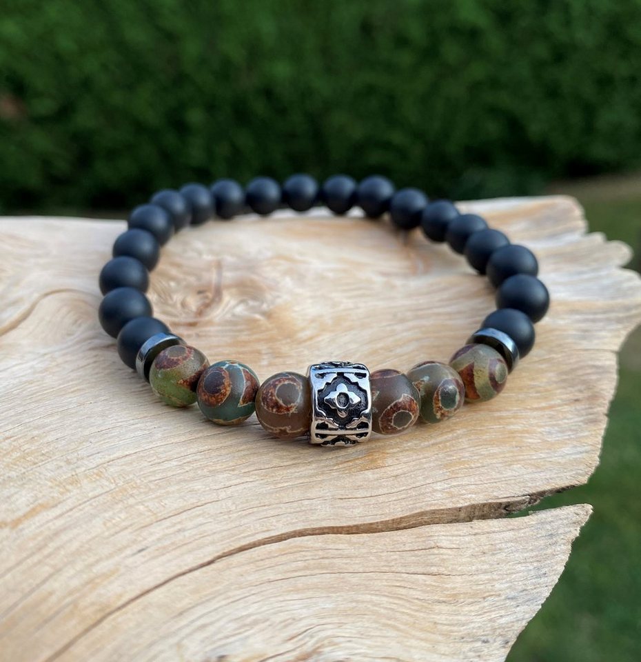 NAHLE Perlenarmband Onyx Tibet Achat Naturstein Armband (inkl. Schmuckbox),  elastisches reißfestes Band