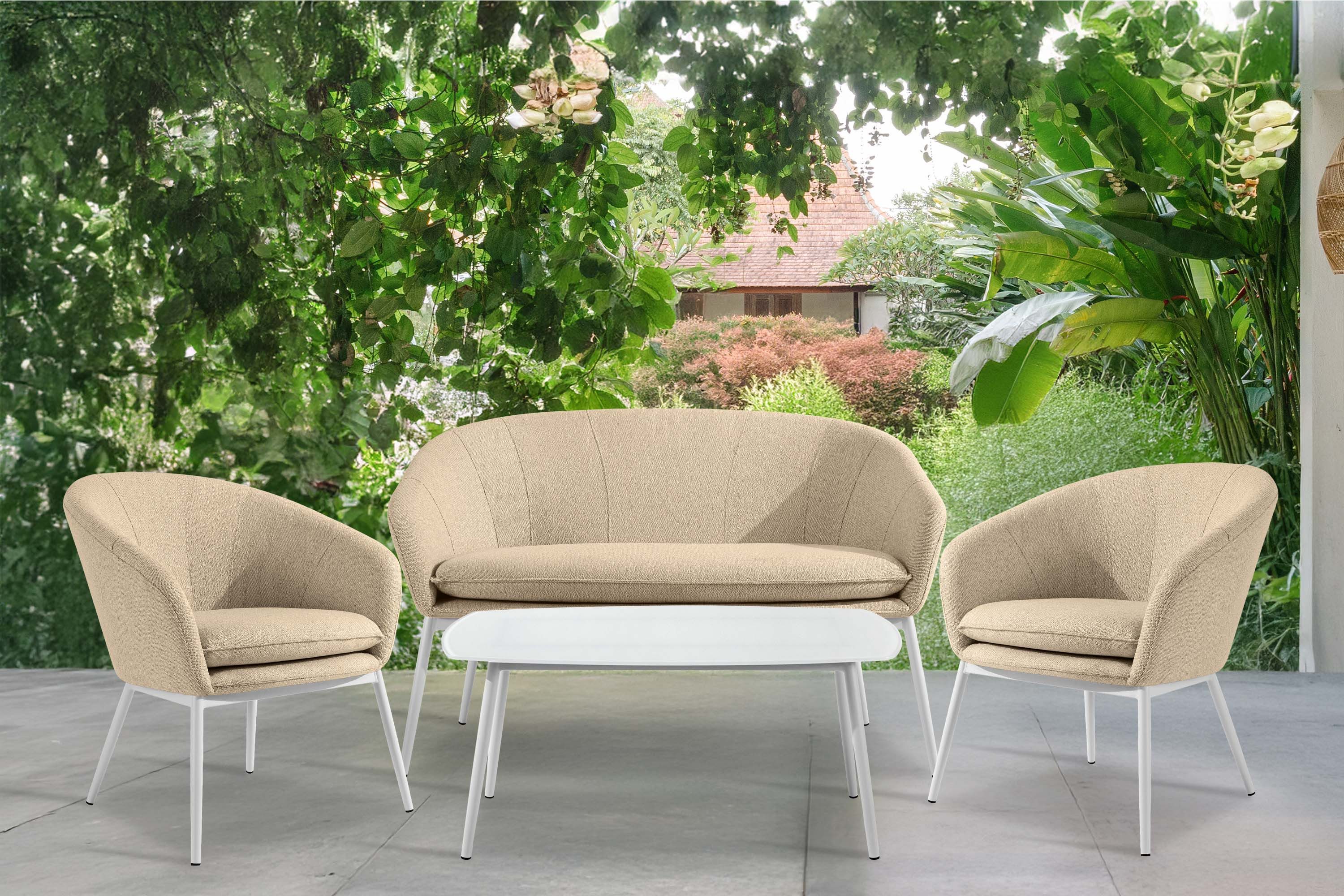 KONSIMO® Loungesofa SOLIS Gartensofa, Gartenmöbel, Sofa 2-Sitzer, hergestellt in der EU, (B) 118 cm (H) 76 cm (T) 66 cm, wasserabweisender Stoff, Modern, weiß Gestell