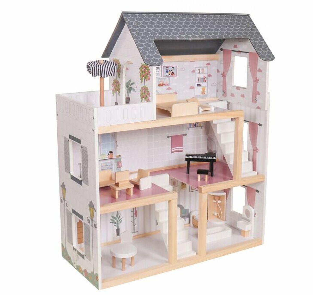 Coemo Puppenhaus, (möbliertes Puppenhaus Holz, 17-tlg), komplett eingerichtet, Möbeln aus Holz, Puppenhaus Puppenstube Zubehör