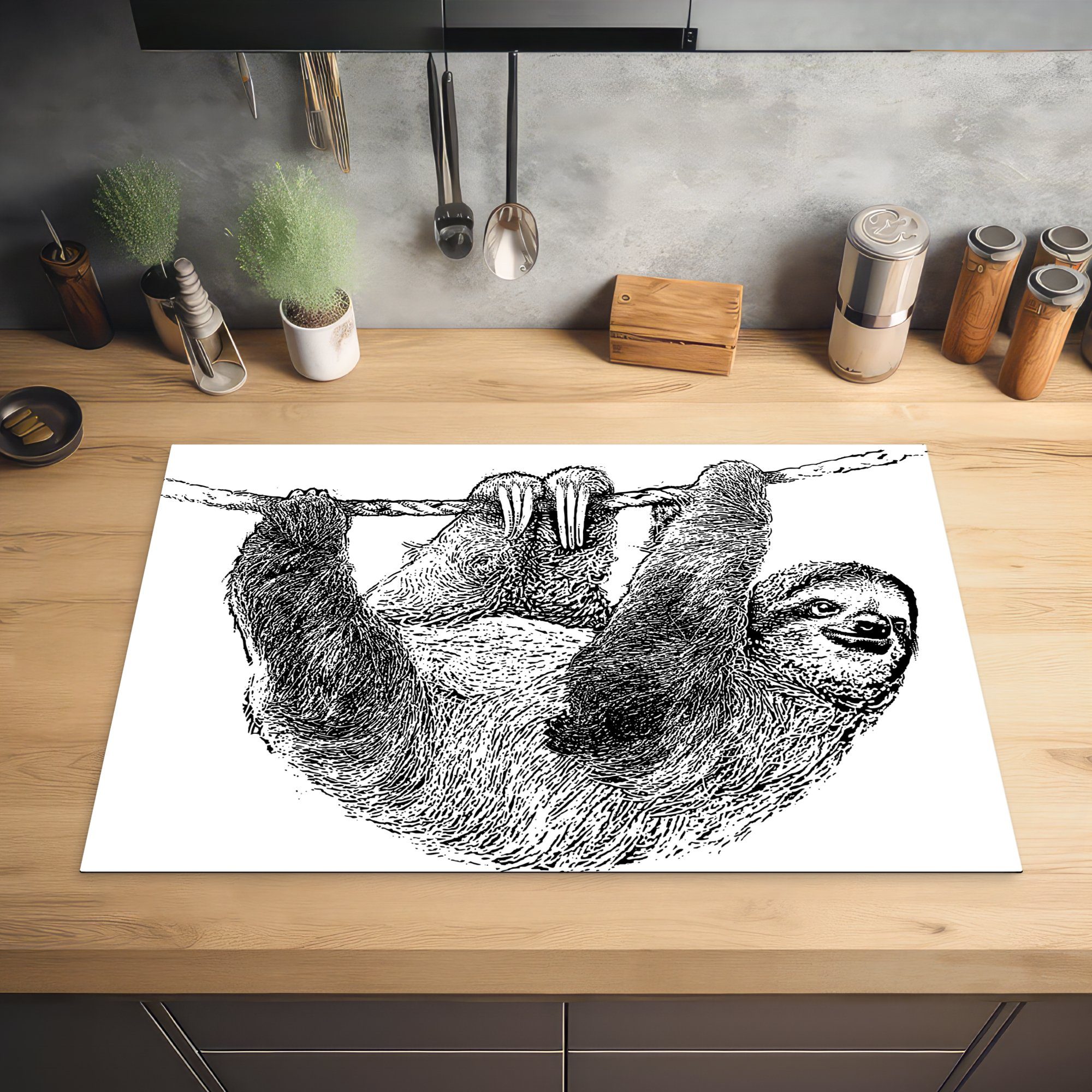 Illustration cm, Induktionskochfeld die MuchoWow (1 Herdblende-/Abdeckplatte Schutz glücklichen 81x52 Ceranfeldabdeckung tlg), küche, eines für Vinyl, Faultiers, Eine