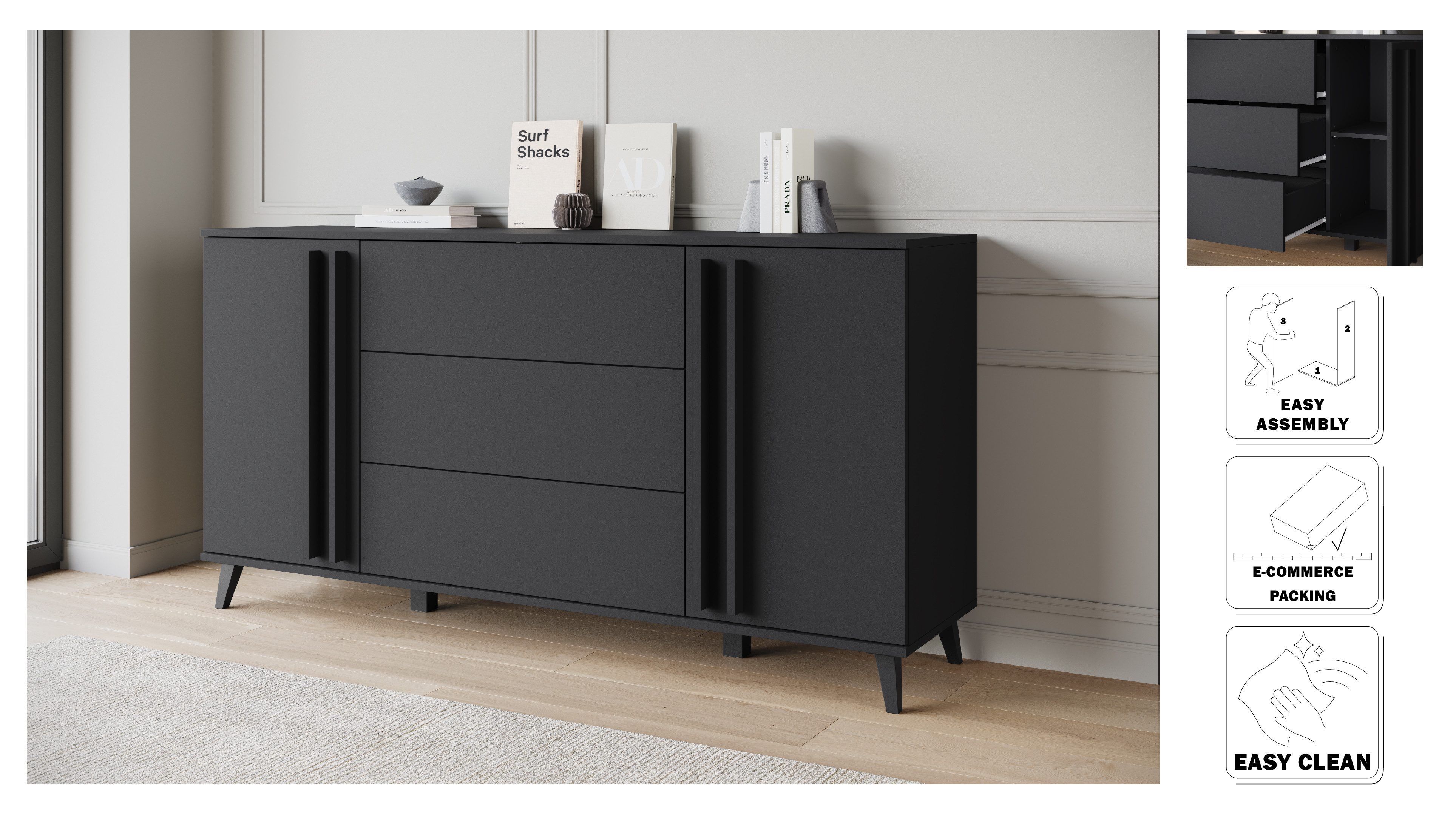 Home affaire Sideboard Helsinki, Kommode mit 2 Türen und 3 Schubladen, Breite 150 cm (1 St), Push-to-Open-Schubladen, höhenverstellbare Einlegeböden