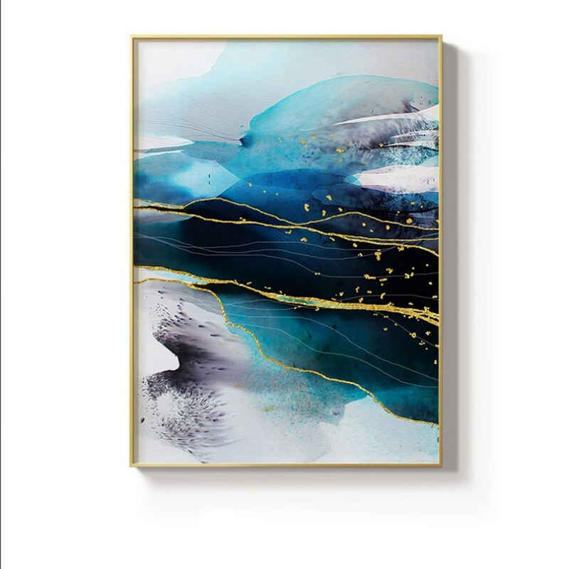 TPFLiving Kunstdruck (OHNE RAHMEN) Poster - Leinwand - Wandbild, Nordic Art - Abstrakte Strukturen - Bilder Wohnzimmer - (5 Motive in 6 verschiedenen Größen zur Auswahl), Farben: weis, blau und gold - Größe: 60x80cm