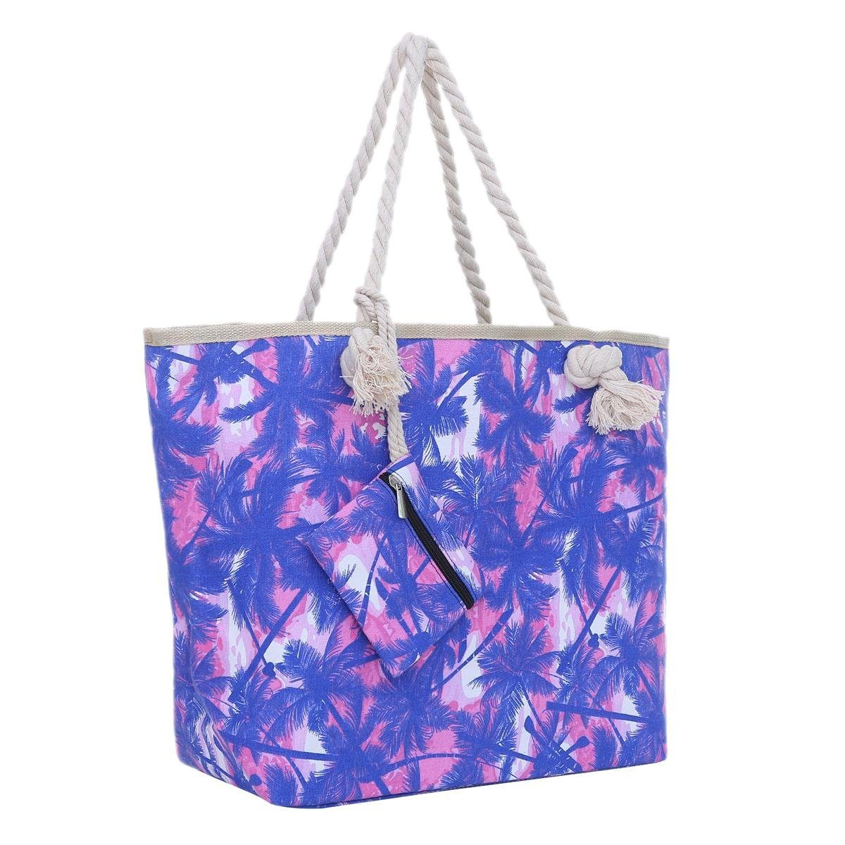 DonDon Strandtasche Shopper Schultertasche Beach Style (2-tlg), Große Strandtasche, mit Reißverschluss, tolle Motive blau-Rosa