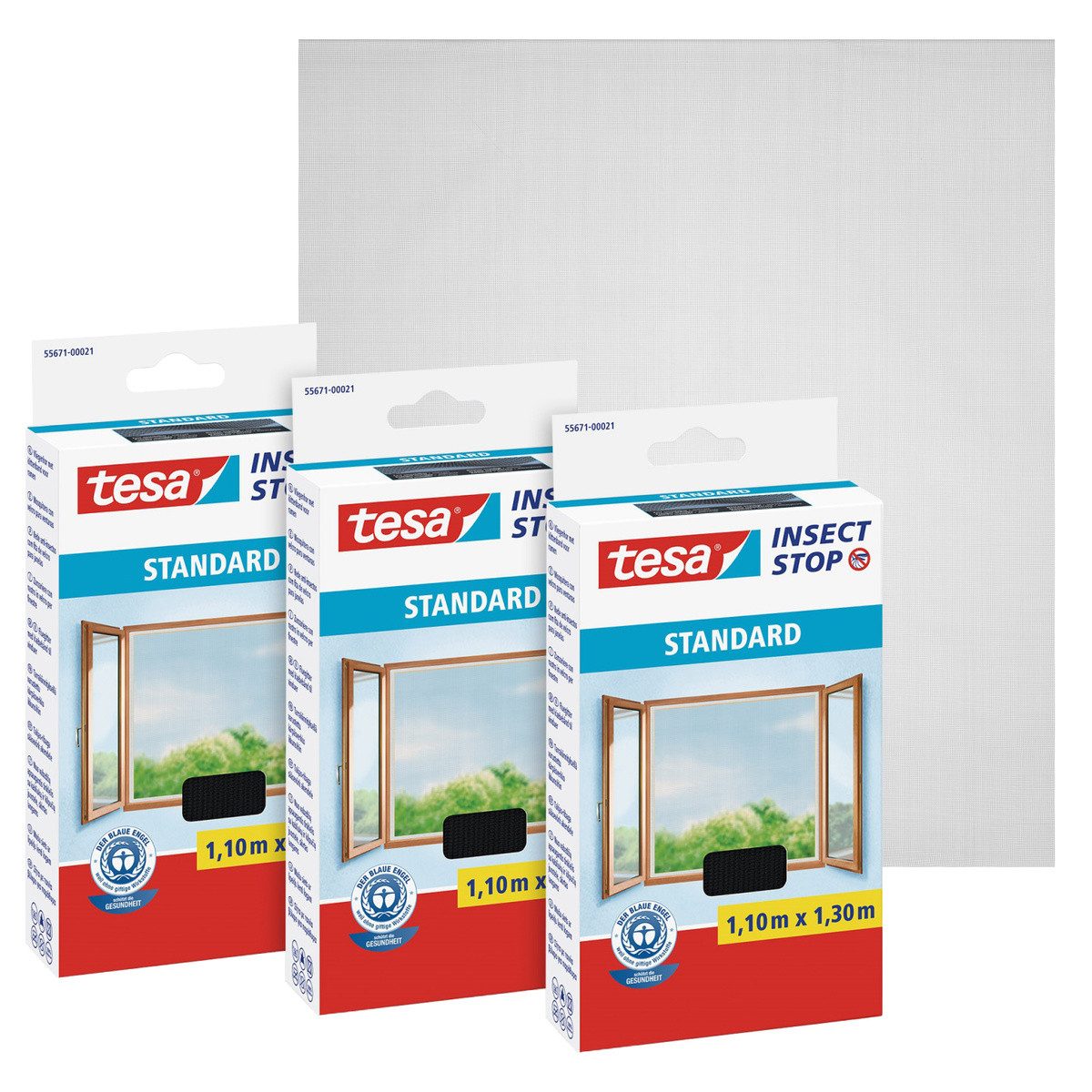 tesa Insektenschutz-Fensterrahmen Insect Stop Standard Fliegengitter für Fenster - 1.1 m :1.3 m, (Packung, 3-St., Fliegennetz, Klettband), Insektenschutzgitter -Fliegenetz ohne Bohren-zuschneidbar