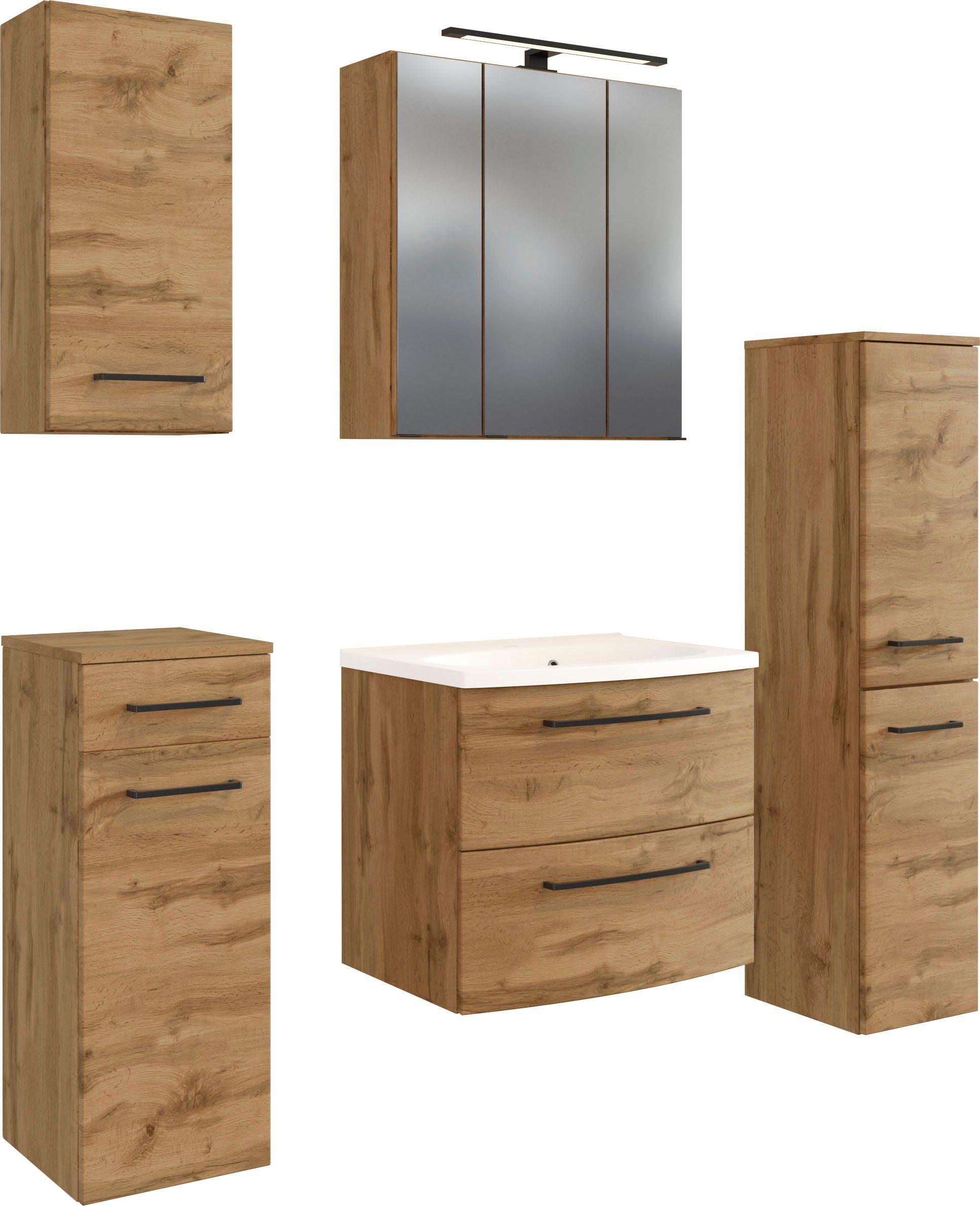 welltime Badmöbel-Set Chicago, (5-St., Spiegelschrank, Waschtisch, Hängeschrank, Unterschrank, Midischrank)