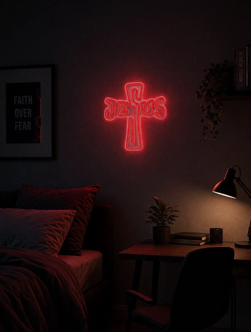 TSE LED Nachtlicht Jesus Kreuz Neon Schild LED Wandlicht Rot USB Religiöse Deko 30x40cm