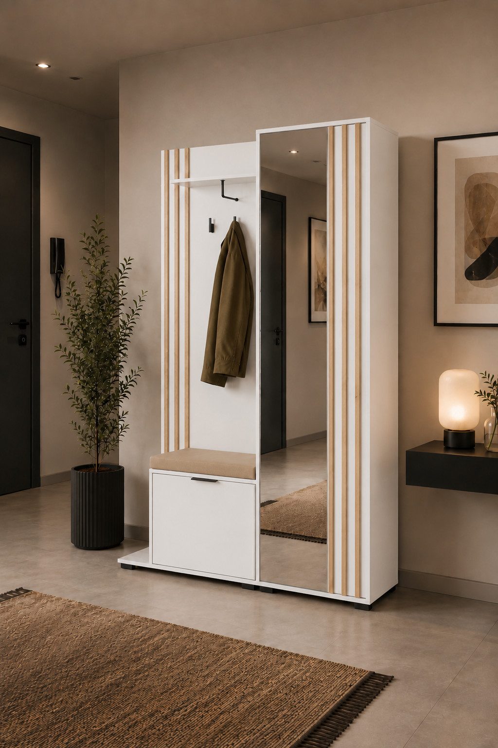 MOEBLO Kompaktgarderobe JOHN (Dielenschrank Wandschrank Regal Diele & Flur Kleiderschrank Schuhschrank, mit Spiegel Flurgarderobe Schrank Kompaktgarderobe), (BxHxT): 135x197x34cm