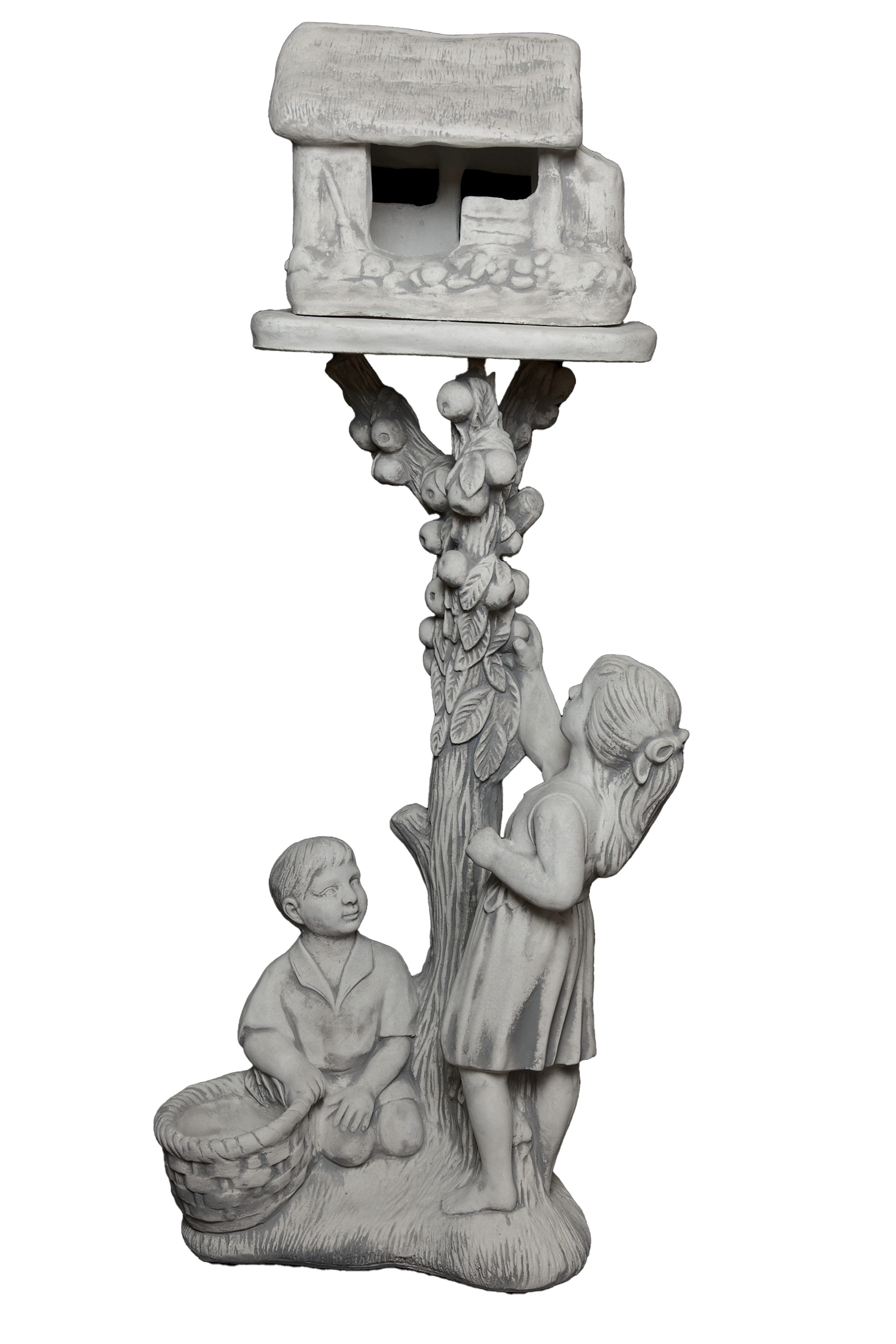 gartendekoparadies.de Gartenfigur Junge & Mädchen mit Vogelhaus Steinfigur 138 cm Steinguss 122 kg, Frostsicher