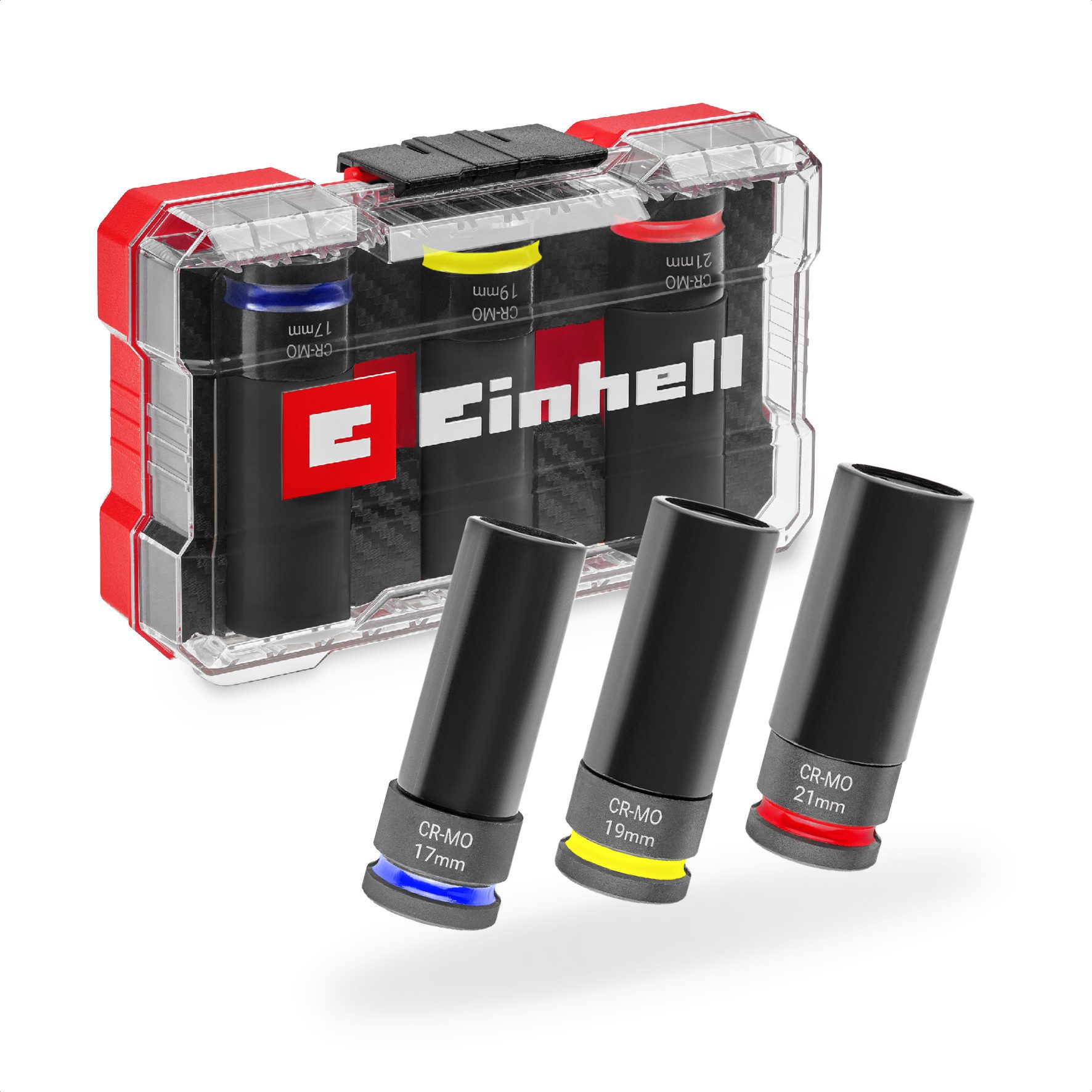 Einhell Дрель- und Bit-Set, (3x Stecknüsse (17 / 19 / 21 mm, 80 mm Длина, CrMo-Stahl, manganphosphatiert, Farbcodierung: Blau/ Gelb/ Rot), 1x M-CASE (mit EVA-Inlay in Karbon-Design), 3-tlg), CrMo-Stahl, ½" Vierkant-Antrieb, 80 mm Длина, 17/19/21 mm