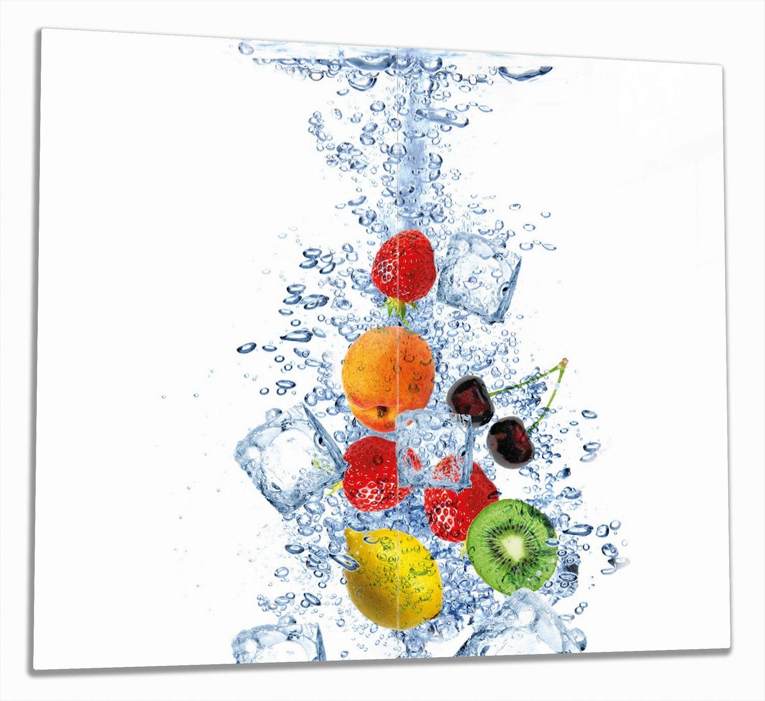 Wallario Herd-Abdeckplatte Obst-Eiswürfel-Mix im Wasser mit weißem Hintergrund, ESG-Sicherheitsglas, (Glasplatte, 2 tlg., inkl. 5mm Noppen), verschiedene Größen