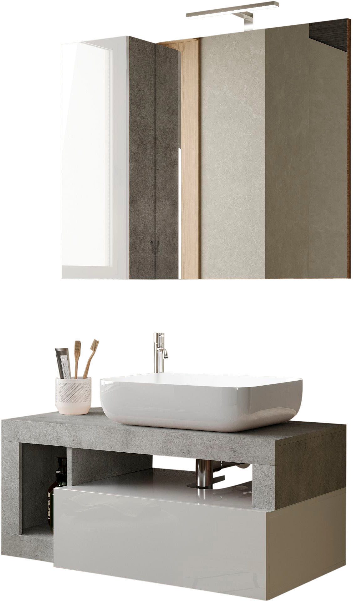 welltime Badmöbel-Set Hamburg, Badezimmerset 2tlg. Breite 92 cm, Badmöbel, Waschtisch inkl., (Spar-Set, 2-St), Waschbecken, Spiegelschrank mit LED Aufbauleuchte, Soft-Close-Funktion