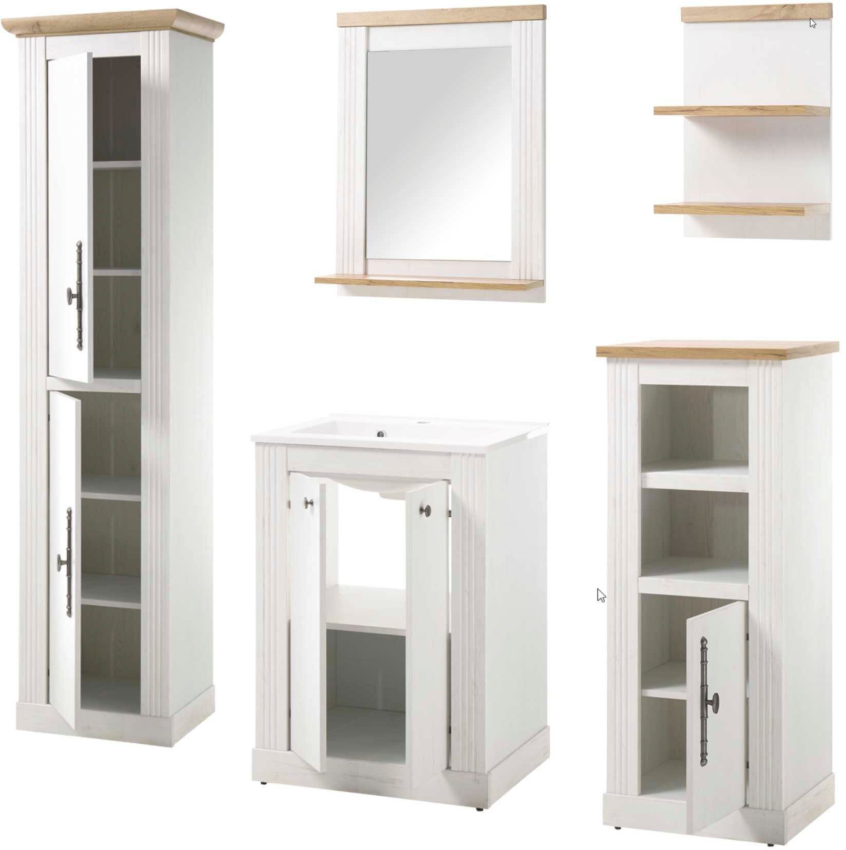 OTTO home Badmöbel-Set WESTMINSTER, Bad im Landhausstil, 5-teiliges Badezimmer, (5-St), Waschtisch, Spiegel, Midischrank, Regal, Hochschrank, Breite 200 cm