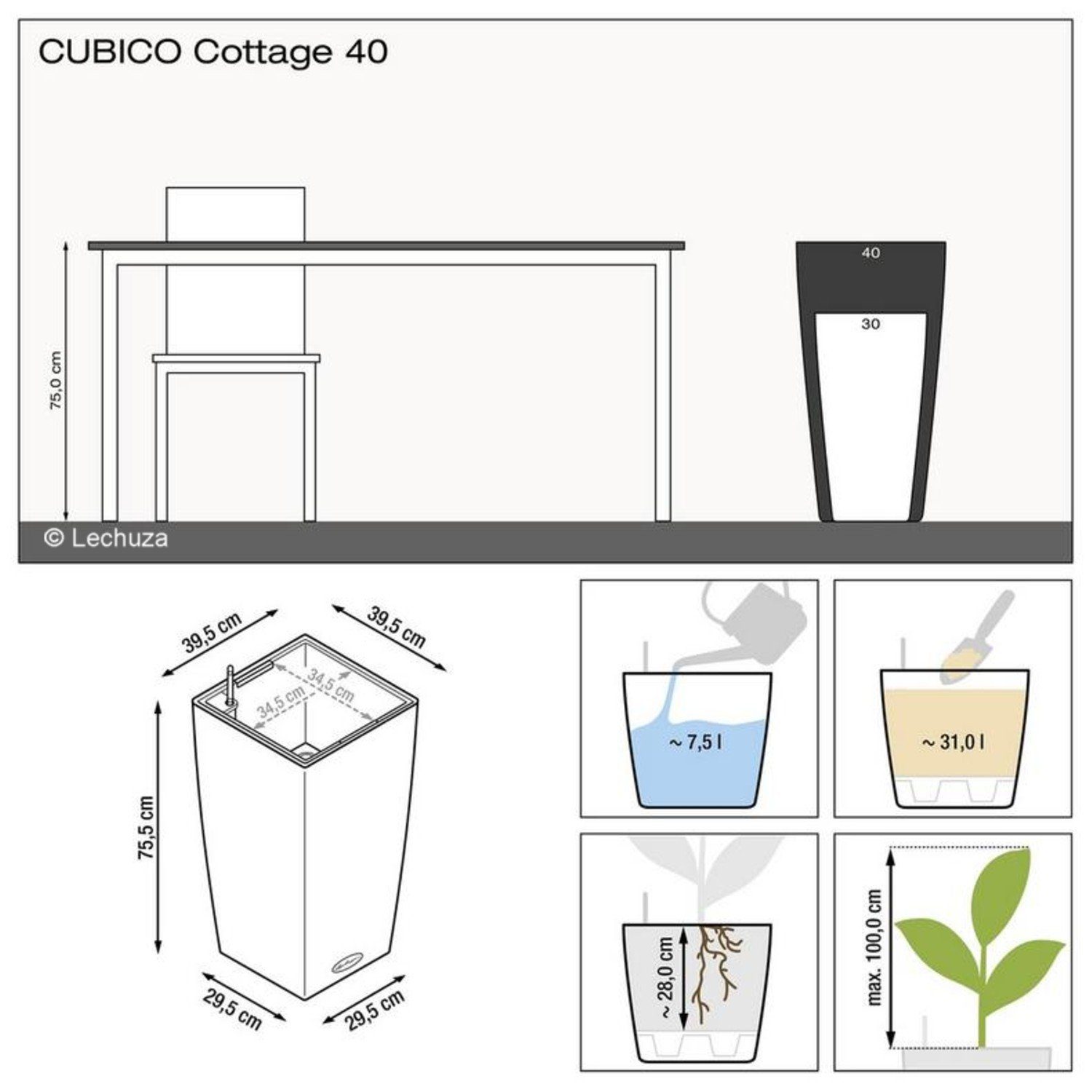 Lechuza® Pflanzkübel Lechuza Pflanzgefäß Cubico Cottage 40 granit 15242