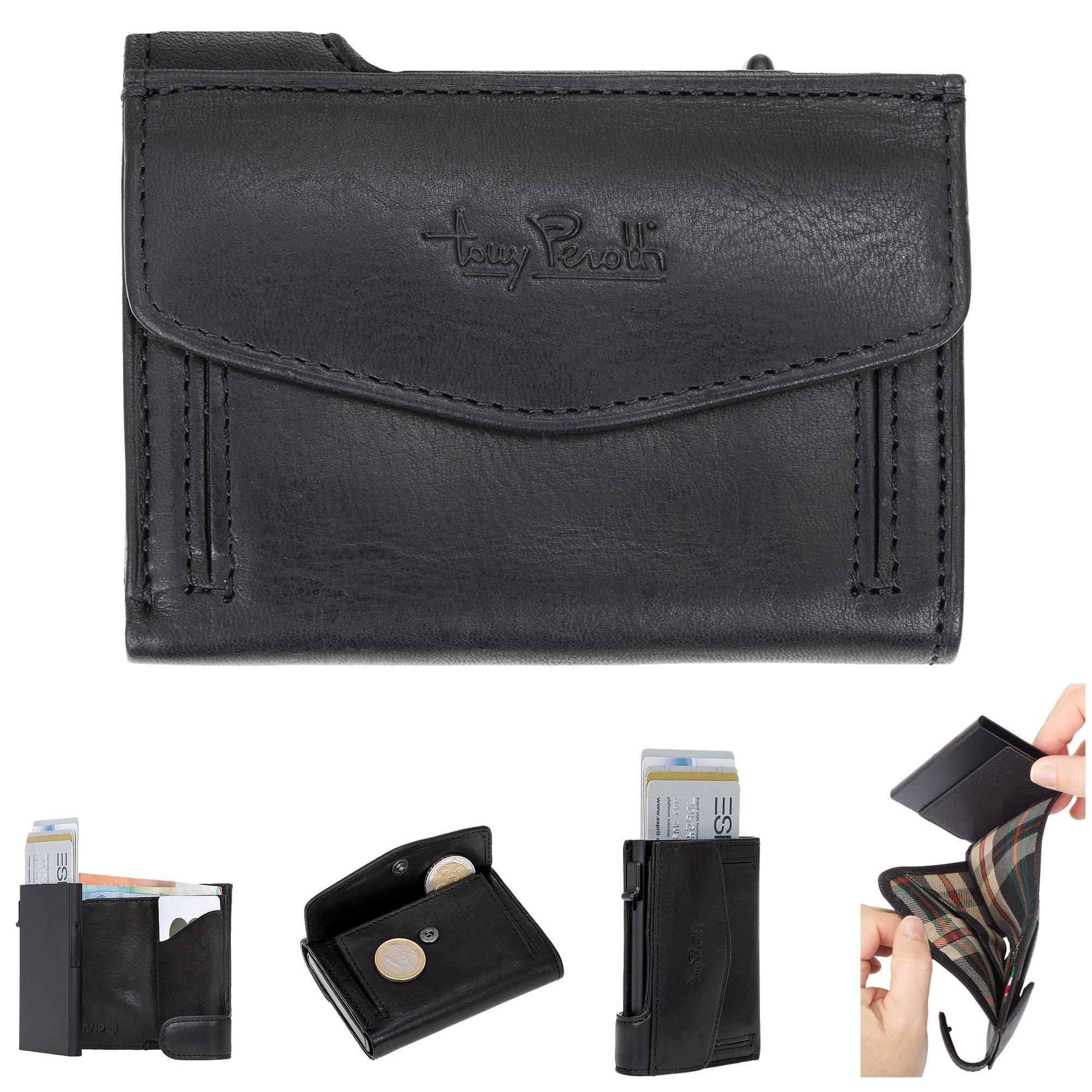 Tony Perotti Mini Geldbörse Geldbeutel Damen Herren Smart Wallet Furbo RFID Schutz, Kartenslot Container Portemonnaie Börse echtes Leder + Schlüsselbörse
