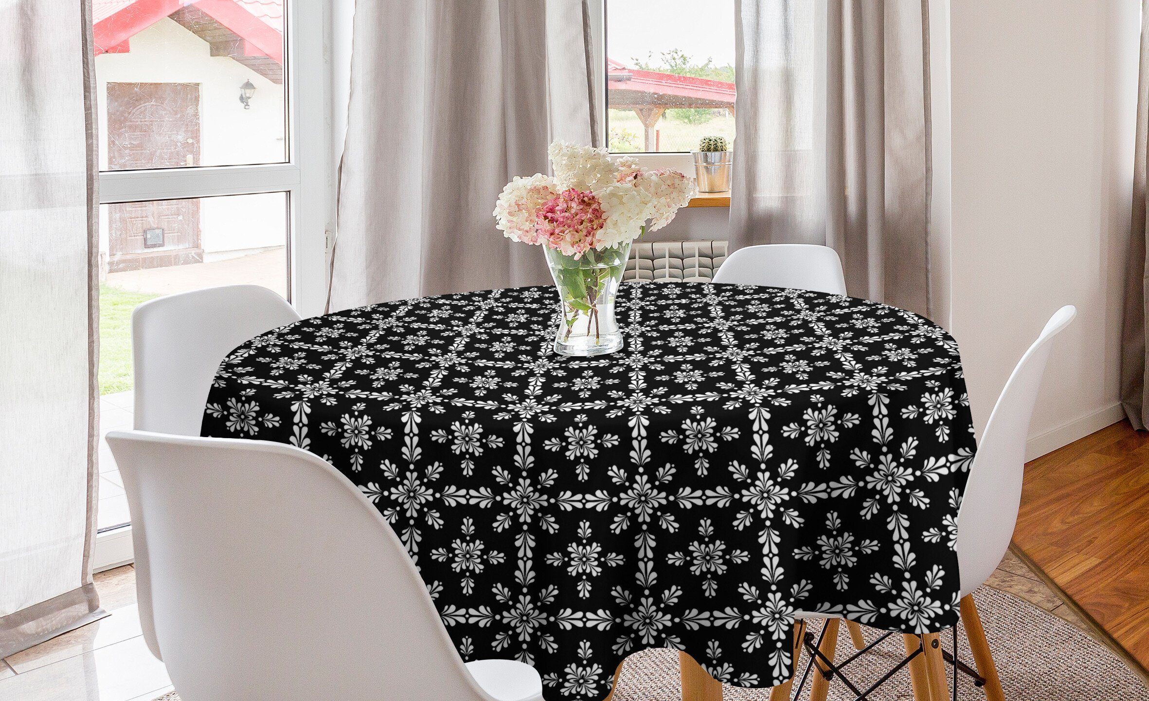 Abakuhaus Tischdecke Kreis Tischdecke Abdeckung für Esszimmer Küche Dekoration, Floral Monochrom Karierte Blumen