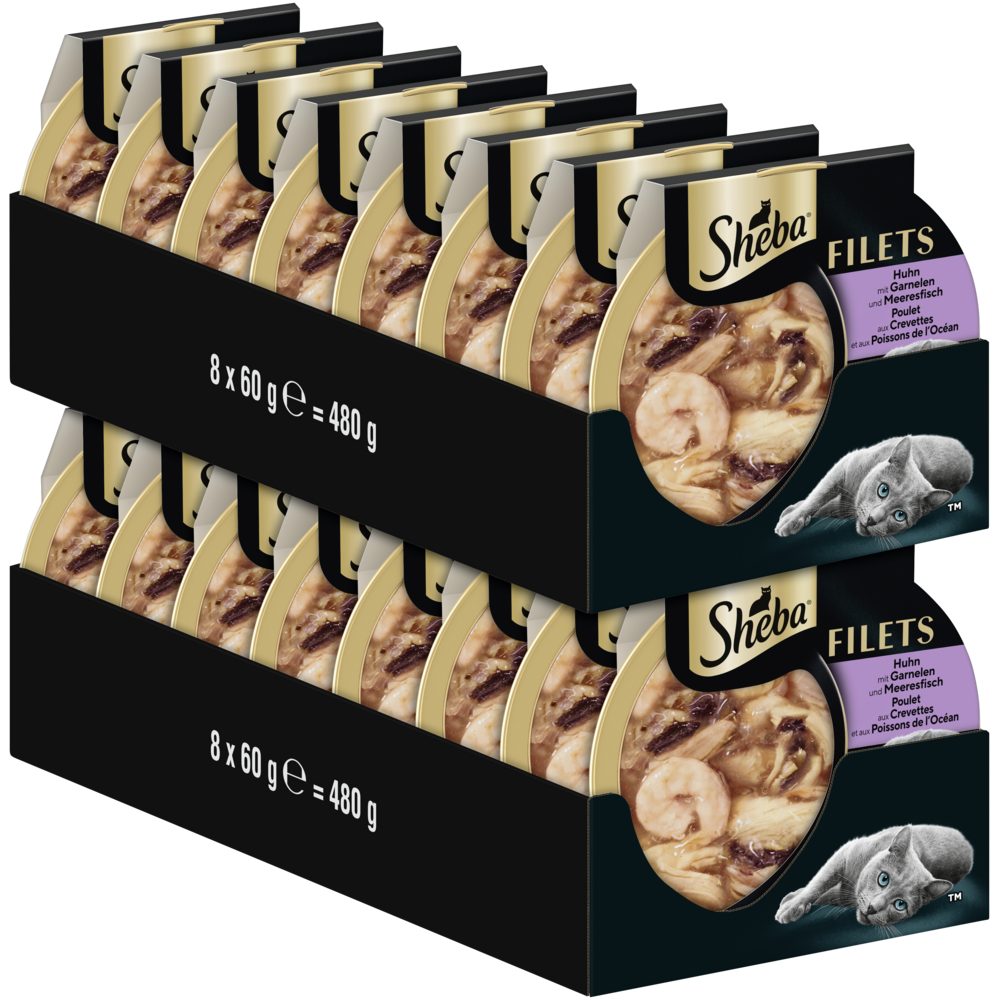 Sheba SHEBA® Schale Filets Huhn mit Garnelen 16 x 60g, Nassfutter für: Katze