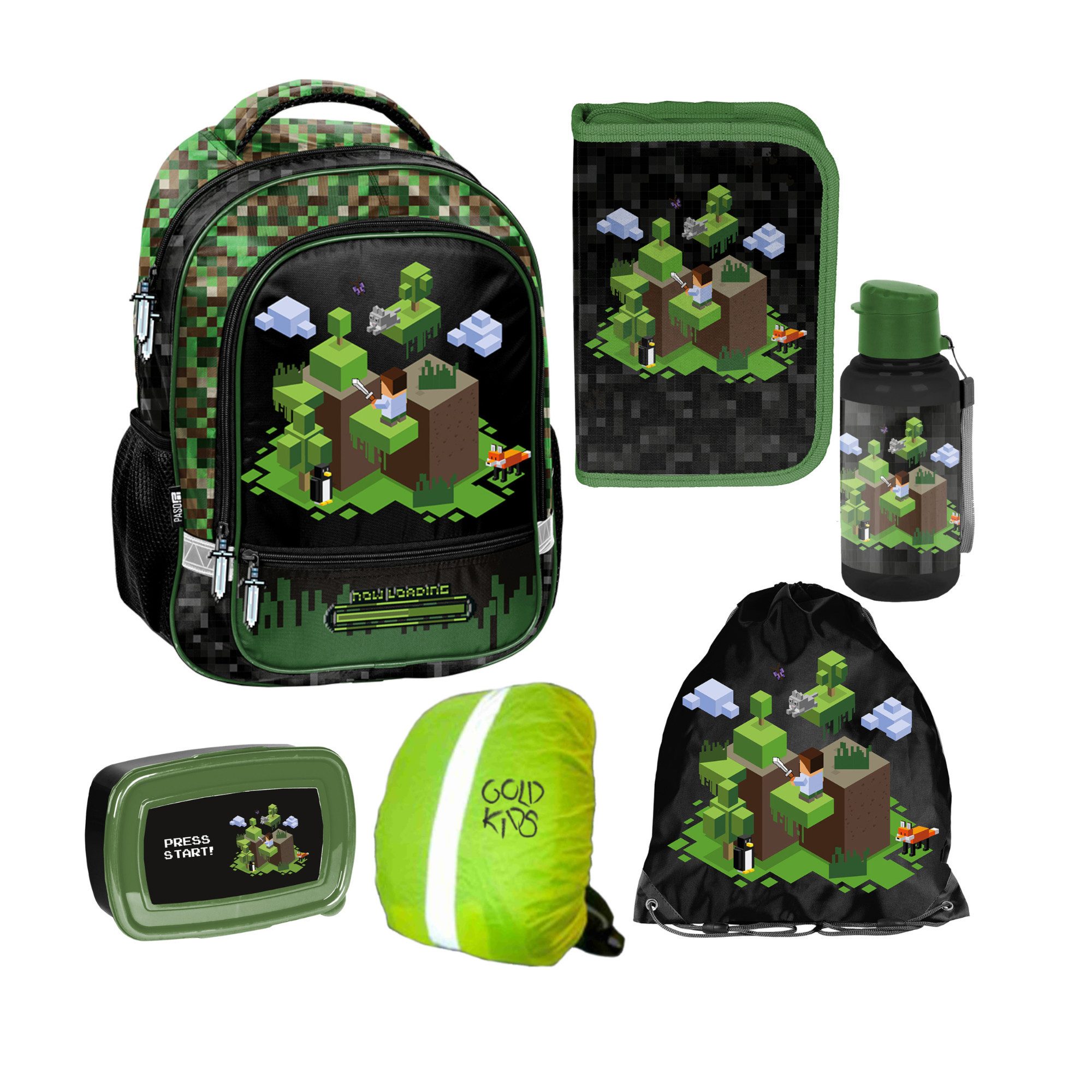 GOLDKIDS Schulranzen für Jungen und Mädchen, 6er-Set - (Schul-Rucksack für Kinder mit Federmäppchen -, 1-tlg., Schuhbeutel Trinkflasche und), Brotdose - Game Motiv- 1-3 Klasse