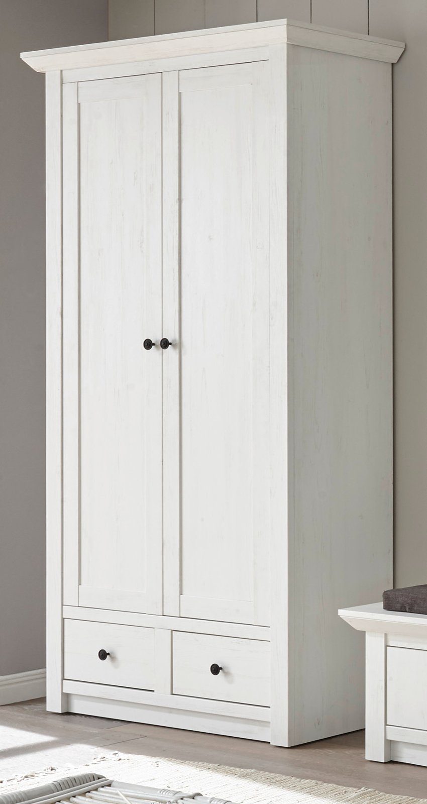 IMV Garderobenschrank Hooge (Schuhschrank in weiß Pinie Dekor Landhaus, 105  x 206 cm) mit variabler Inneneinteilung