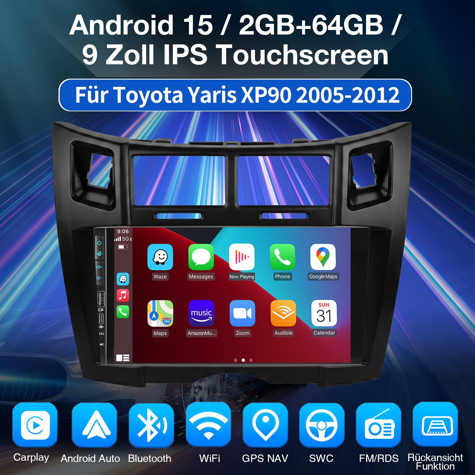 ESSGOO Android 15 Radio Toyota Yaris XP90 2005-2012 CarPlay GPS WiFi Mit USB Autoradio (RDS, 4+64GB(optional), Digitalradio (DAB), FM, USB- und Type-C, SWC, Carplay Android Auto Bluetooth EQ USB GPS Navi WIFI Touchscreen)