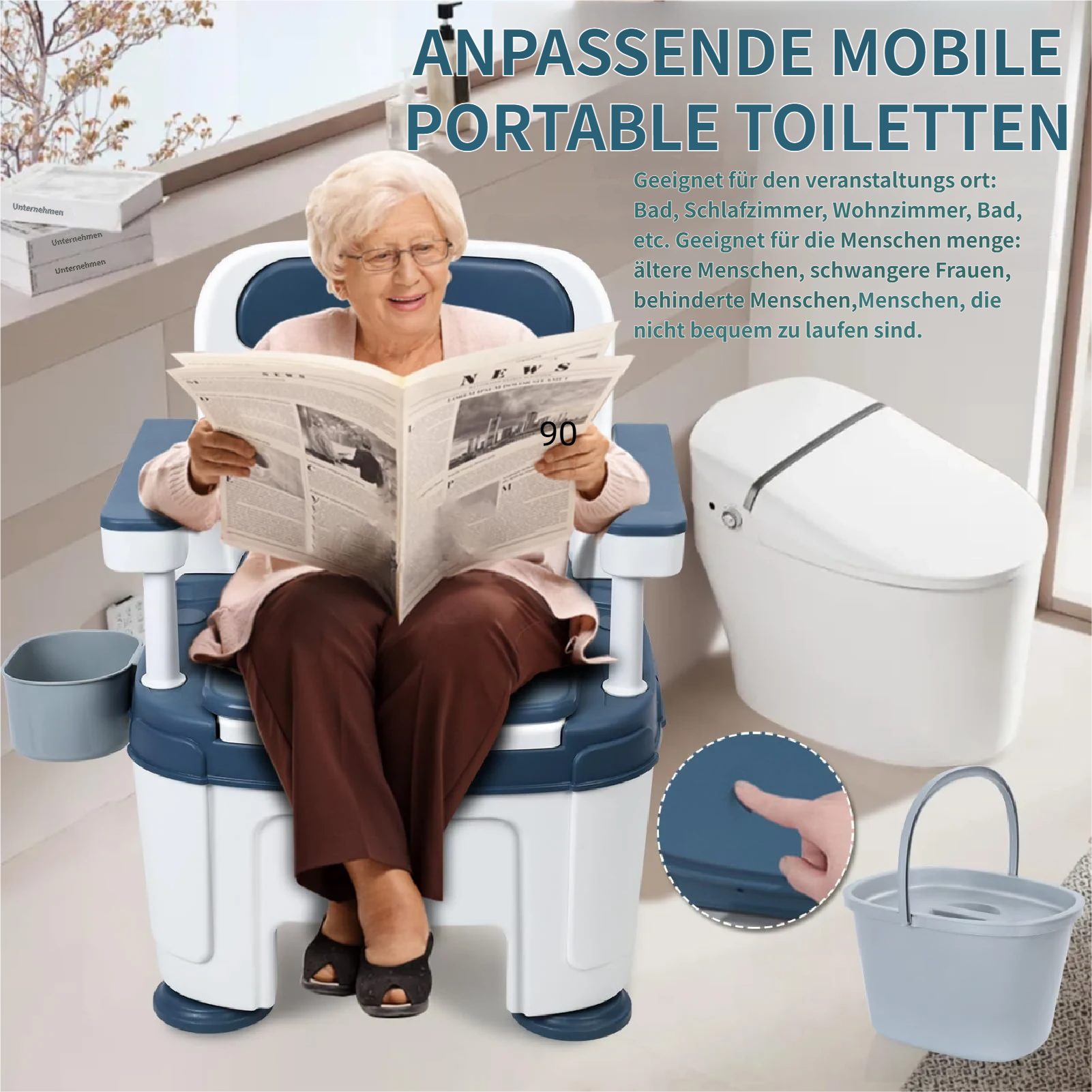 Rutaqian Toiletten-Stuhl Mobiler Nachttisch-Toilettenstuhl für Senioren,Höhenverstellbar, Campingtoilette mit Eimer,Aufbewahrungsbox,Tragbare Duschstuhl