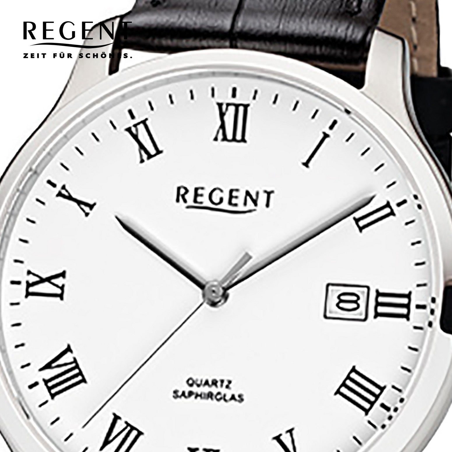 Regent Quarzuhr 39mm), Regent Analog, Herren-Armbanduhr Armbanduhr schwarz mittel Lederarmband (ca. rund, Herren