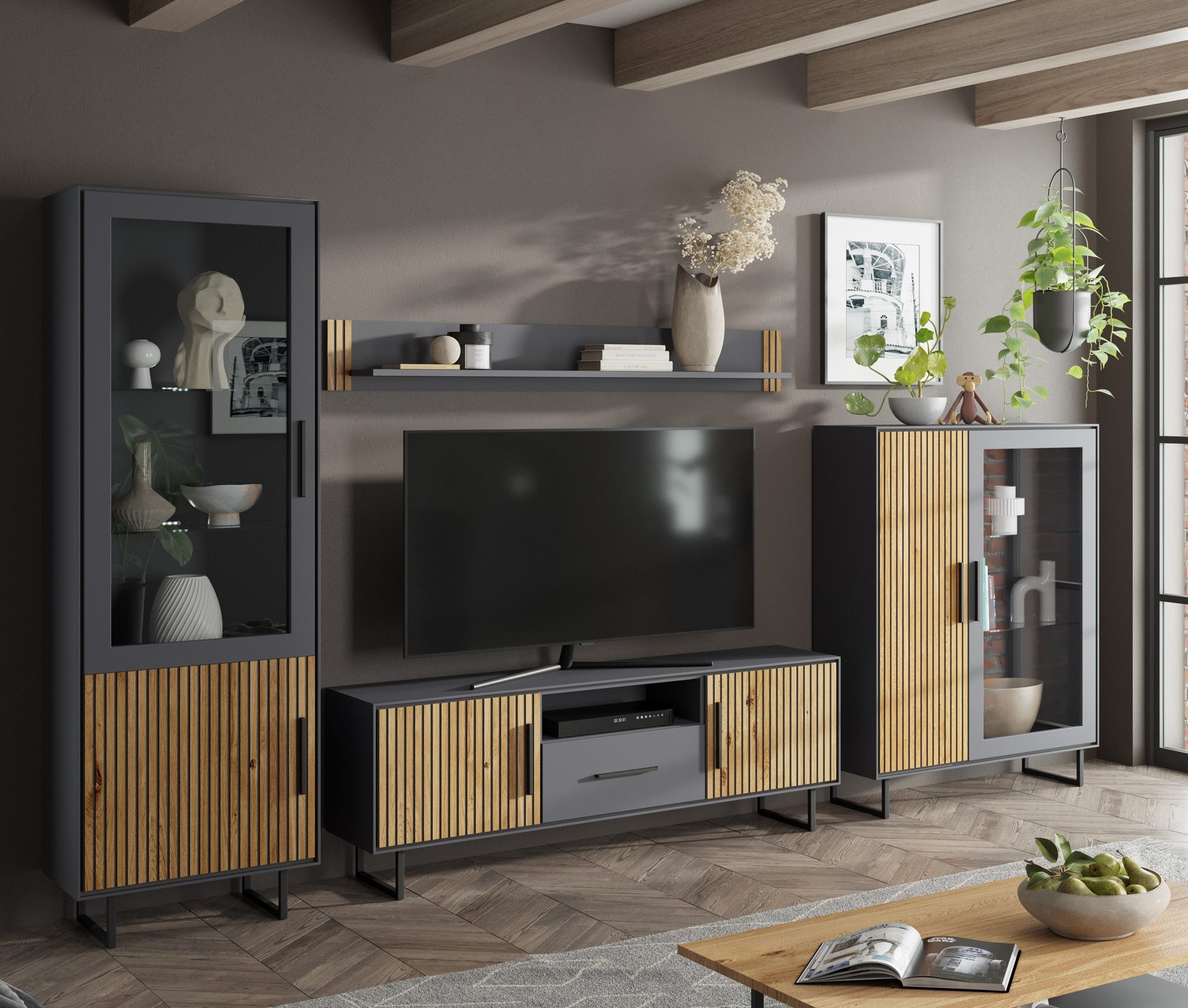 Lebenswert Wohnwand Joe, (4-teilig), (4-teilig) in Eiche / anthrazit - 341x197x40 (BxHxT)