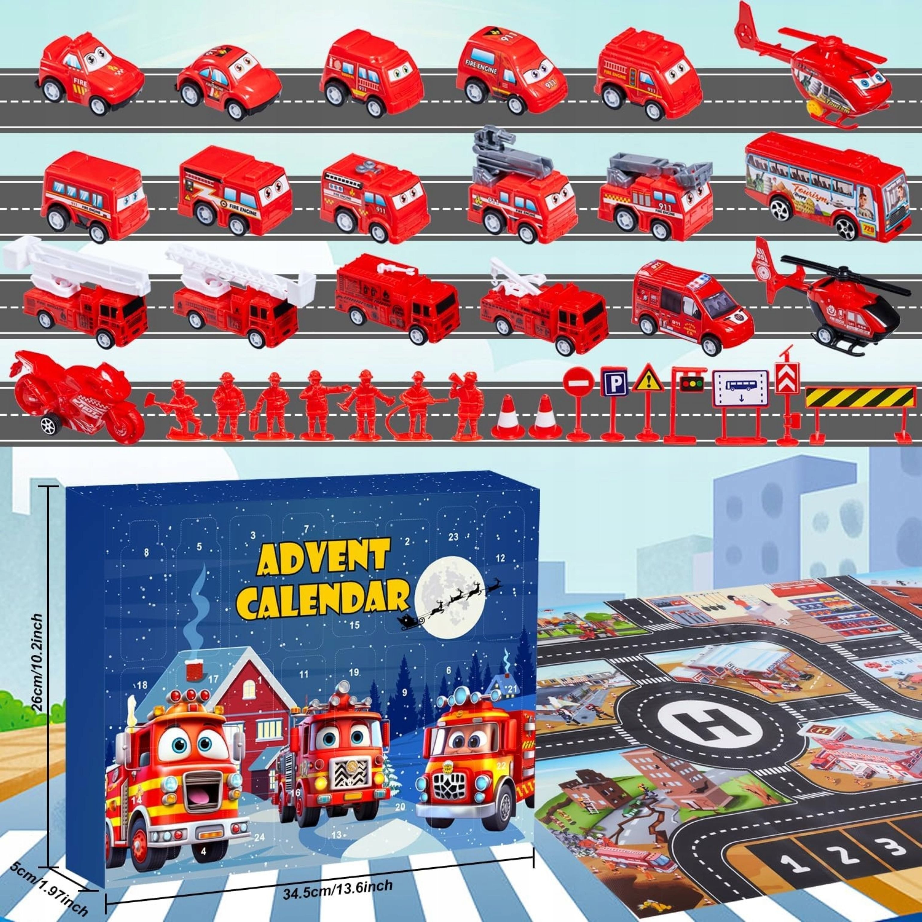 Festivalartikel Adventskalender Adventskalender Feuerwehr mit 24 Fahrzeugen & Spielmatte – Geschenkide (1-tlg)
