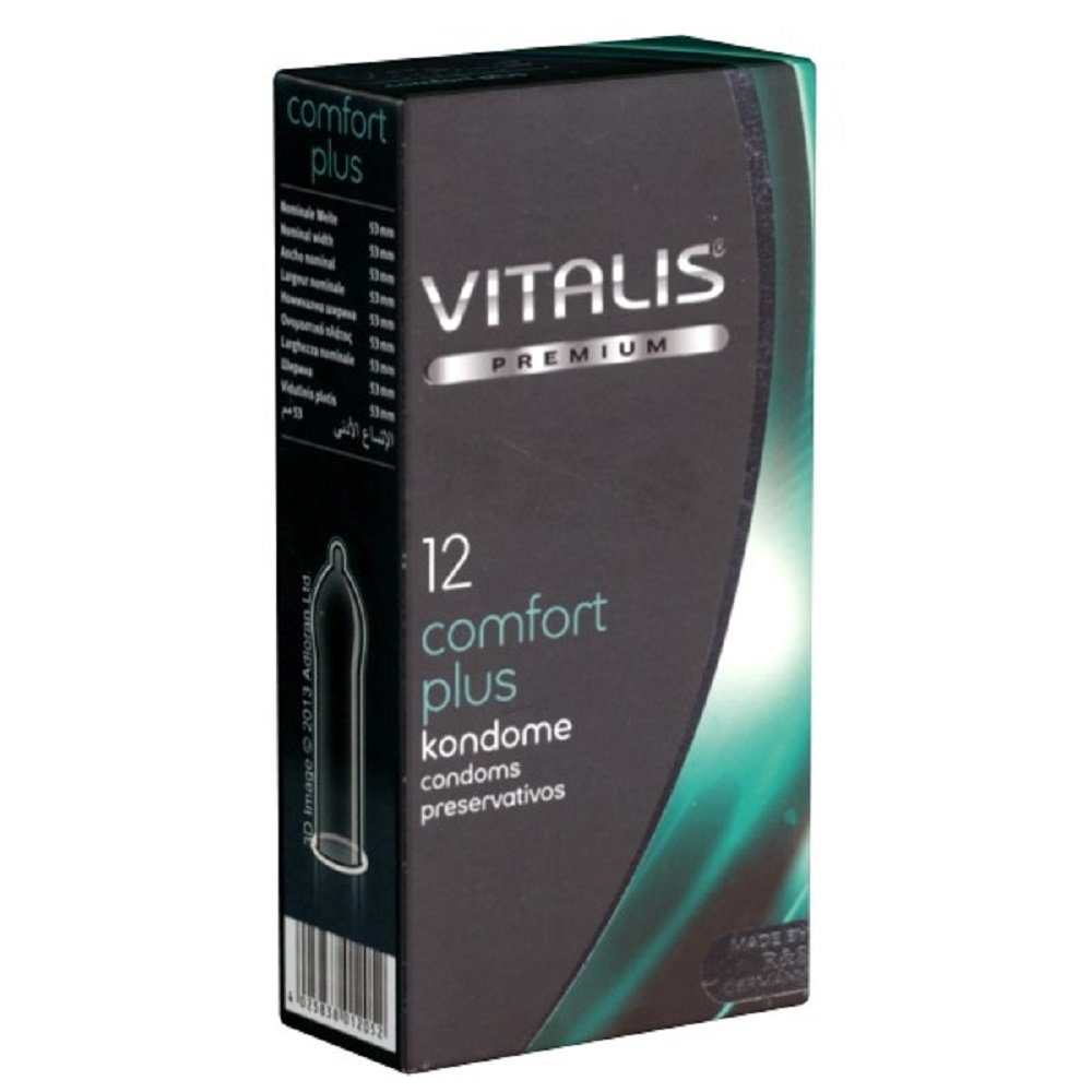 VITALIS Kondome PREMIUM Comfort Plus (Kondome mit mehr Freiraum) Packung mit, 12 St., Kondome mit mehr Platz für die empfindliche Eichel, zuverlässig und sicher und angenehm im Gebrauch