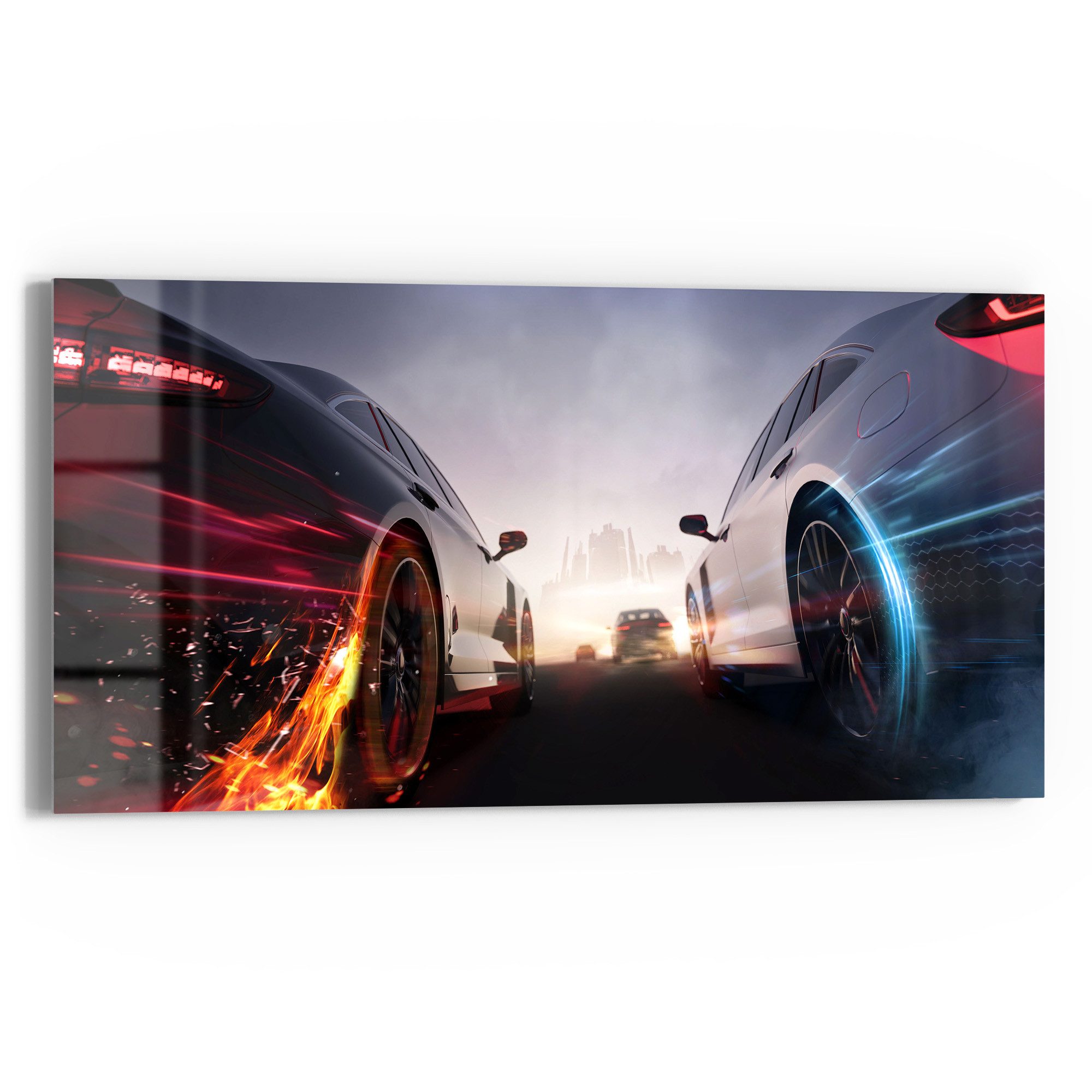 DEQORI Glasbild 'Rennen im Neonlicht', 'Rennen im Neonlicht', Glas Wandbild Bild schwebend modern