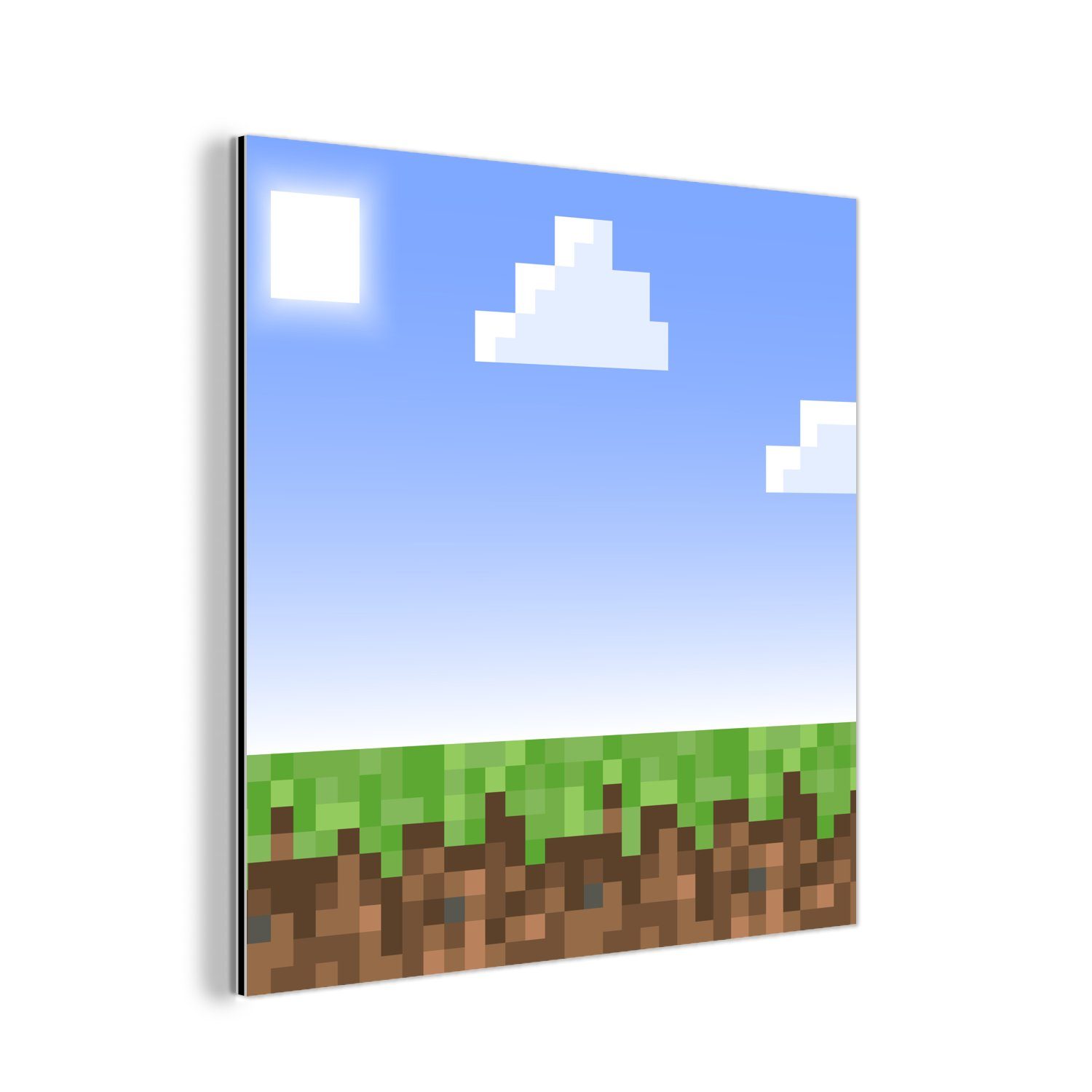 MuchoWow Metallbild Spiele - Pixel - Spiele - Gras, (1 St), Alu-Dibond-Druck, Gemälde aus Metall, Aluminium deko