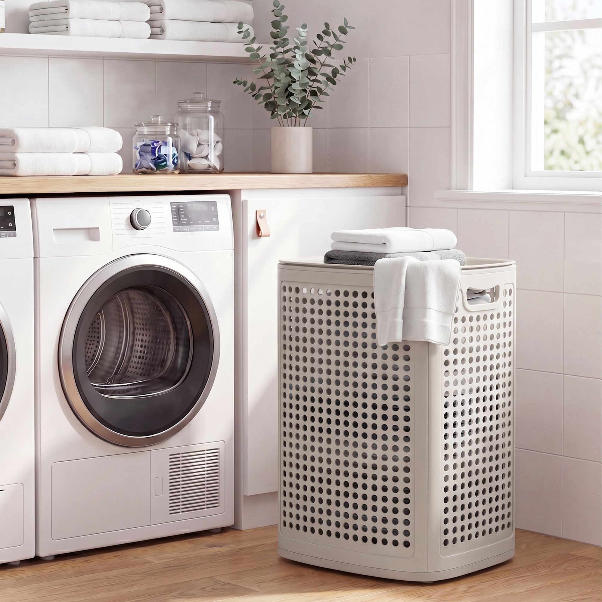 SONGMICS Wäschekorb mit Deckel, Wäschesammler Plastik, für Badezimmer, Waschküche, Wäschetonne schmal, Wäschebox platzsparend, Schlafzimmer, 75 L