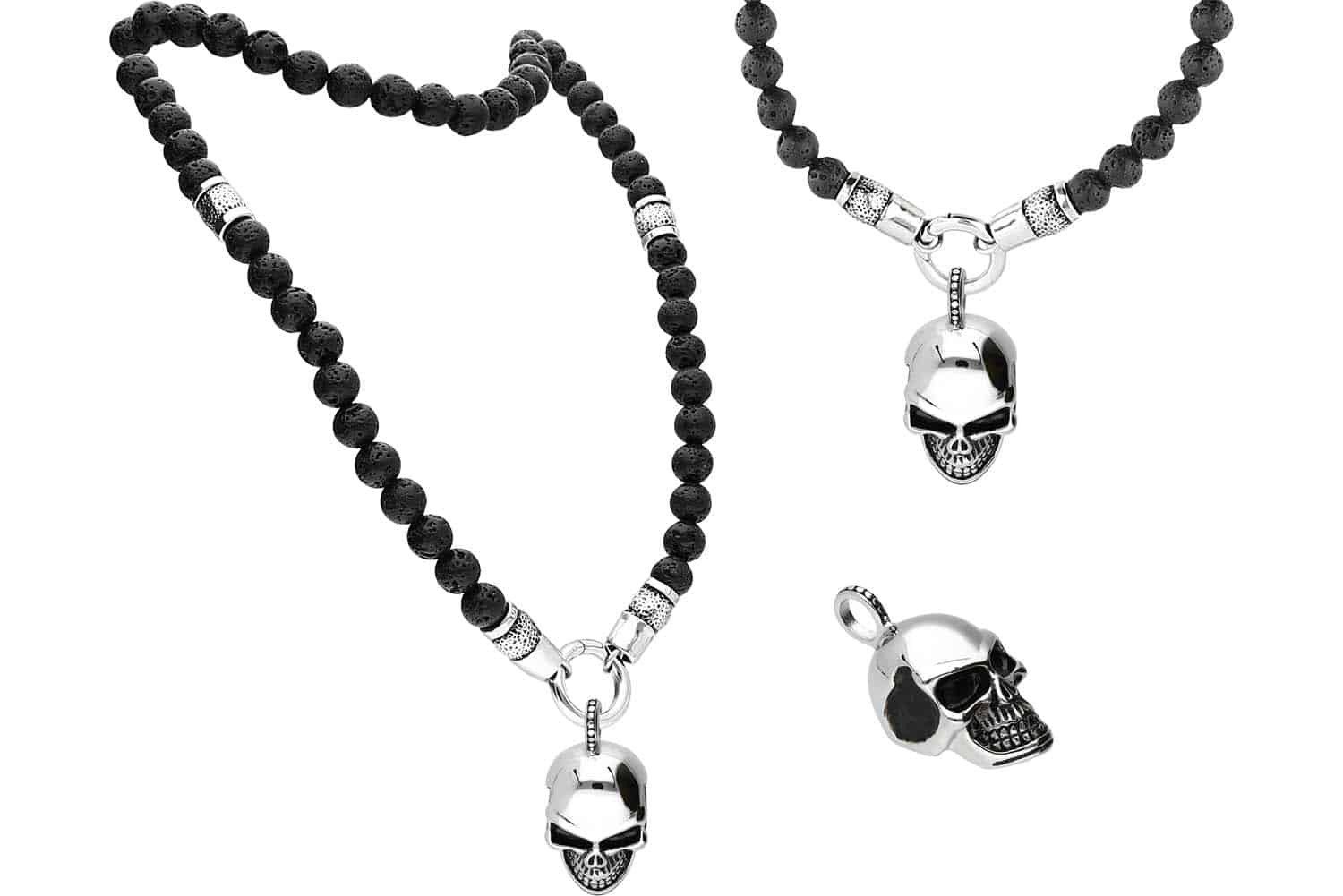 FILANGO Gliederkette SET Lavastein Kugelkette + Chirurgenstahl Kettenanhänger TOTENKOPF (Ketten)