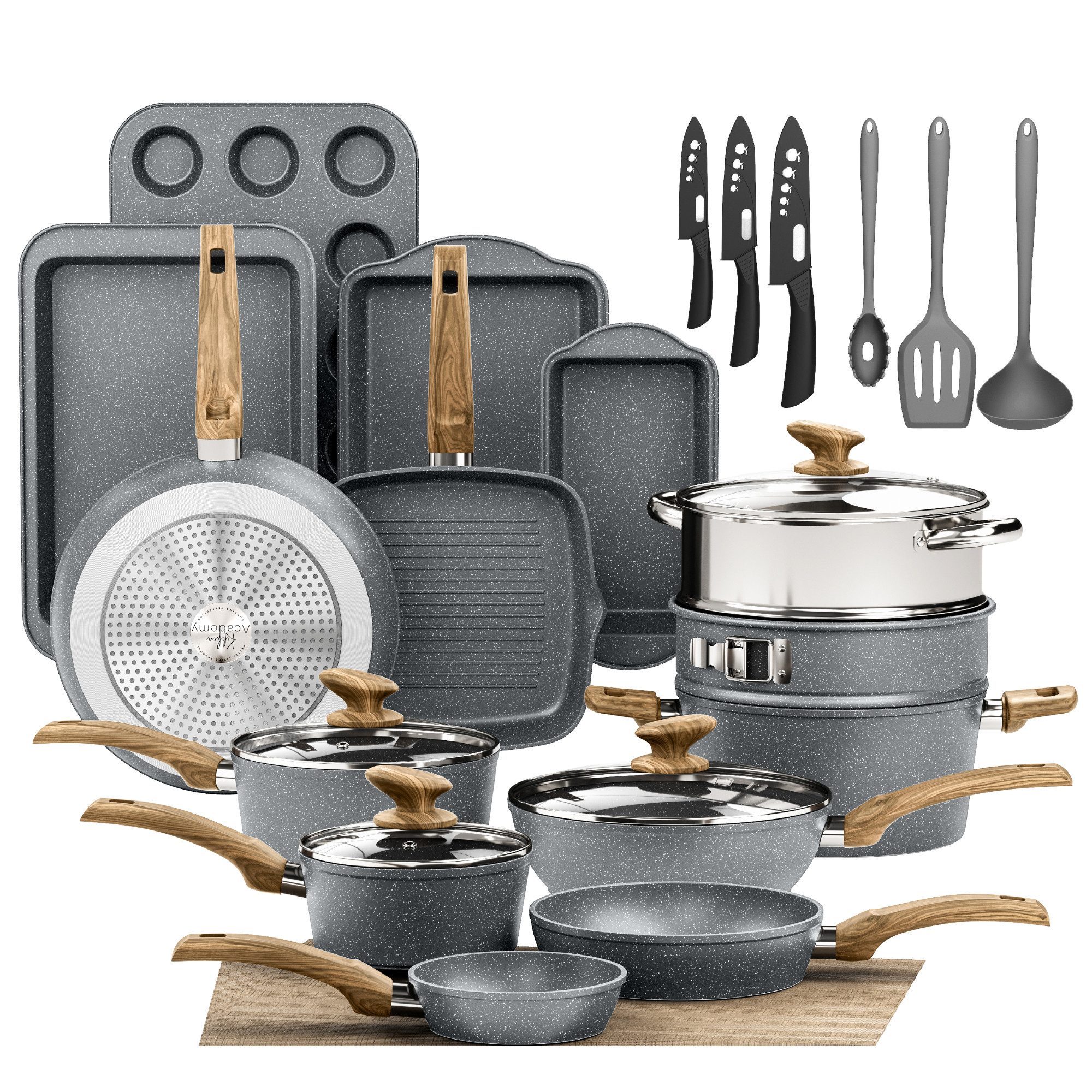 Kitchen Academy Topf-Set, Aluminium, Granit (30-tlg, Pfanne 14/20/24/28 cm, Wok 5 qt, Kasserolle 1,5/3/3 qt, 2 Backform, Kastenform, Rundeform, Muffinform, Silikonbesteck), Küche Induktion Kochgeschirr & Backgeschirr Set 30-teiliges