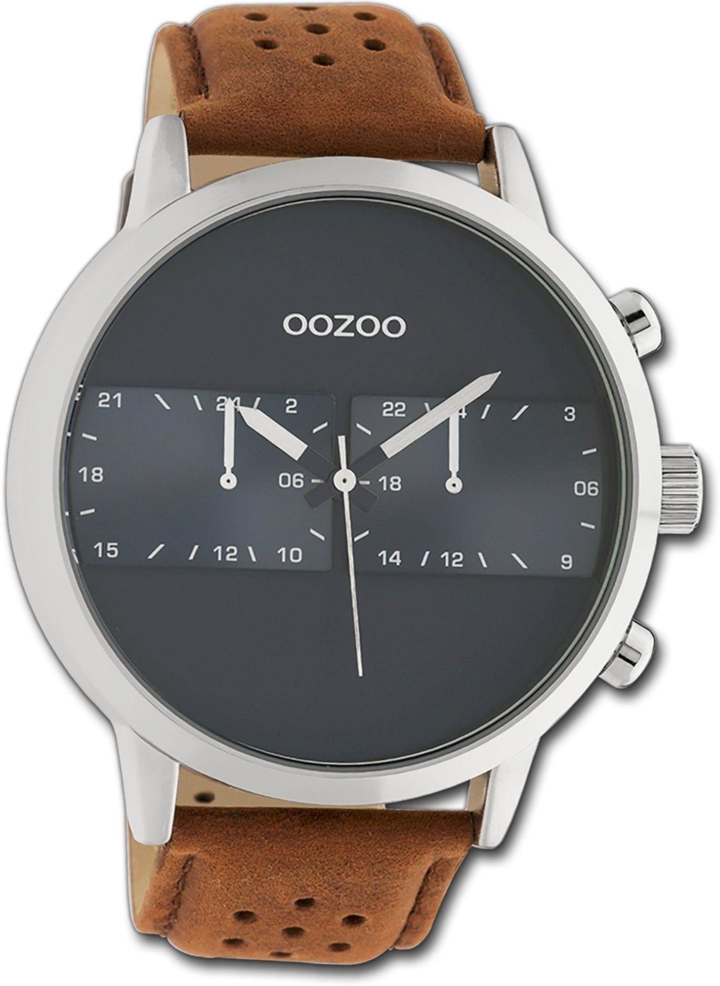 OOZOO Quarzuhr Oozoo Herren Armbanduhr Timepieces, Herrenuhr Lederarmband braun, rundes Gehäuse, extra groß (ca. 50mm)