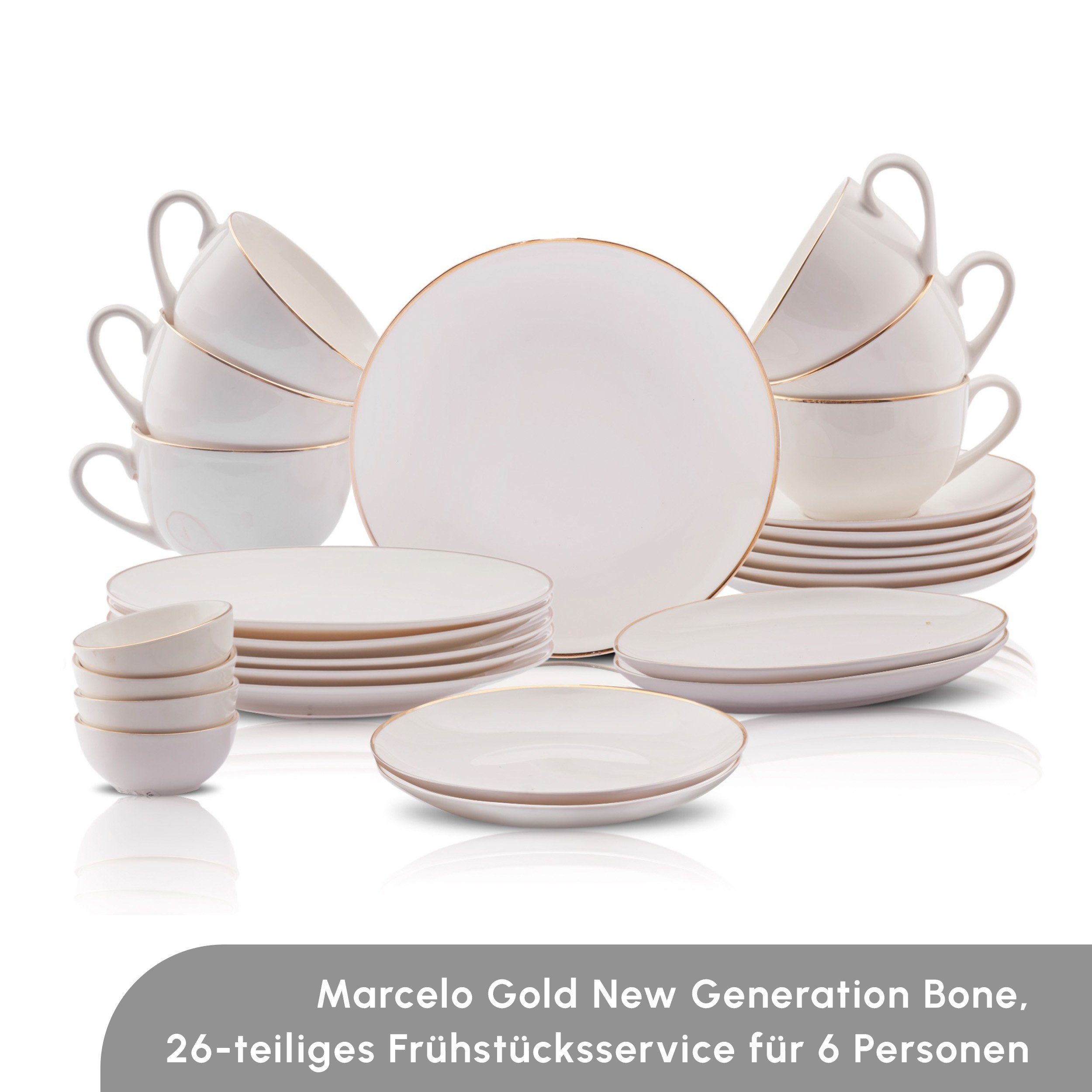 Karaca Geschirr-Set Elegance Bone Marcelo 26-teiliges Frühstücksset 6 Personen Gold, 6 Personen