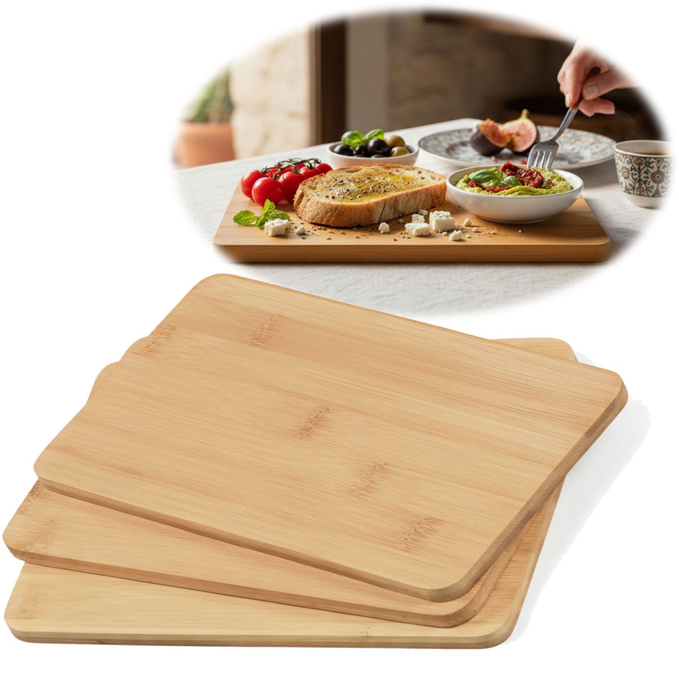 LS-LebenStil Frühstücksbrett 3x Holz Essbrettchen 22x14cm 3 ´er Set Bambus Küchenbrett Holzbrett, Holz, (Frühstücksbrettchen - Eßbrett Wurstbrett Käsebrett Stullenbrett, 3-St., Vesperbrett Brettchen Brotzeitbrett Schneidebrett Brot Obst Steak), FSC zertifiziert
