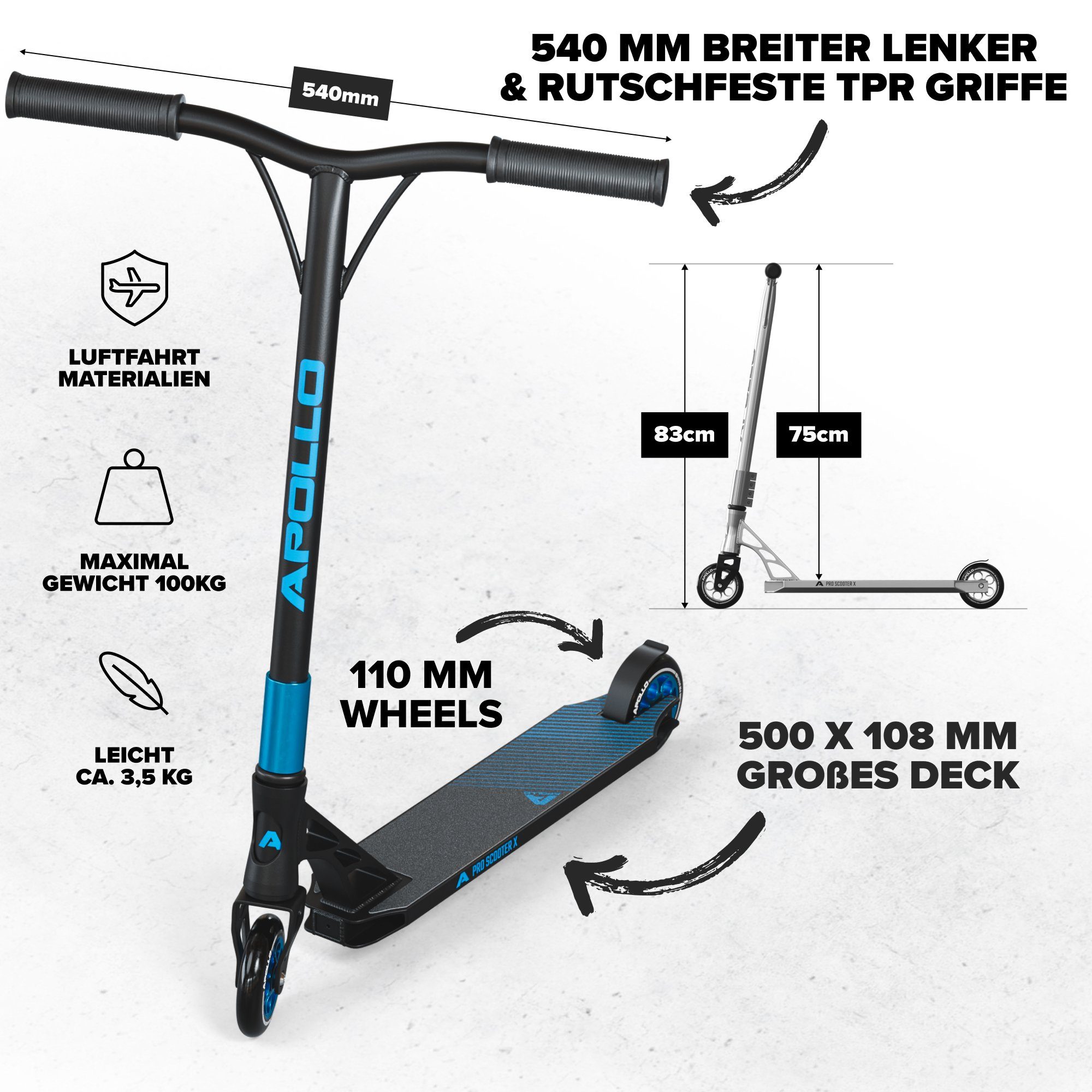 Apollo Stuntscooter Stunt Scooter Genesis X Pro - High End Stuntscooter, Profi Trick Roller mit 120mm Alu Core Wheels Kickscooter