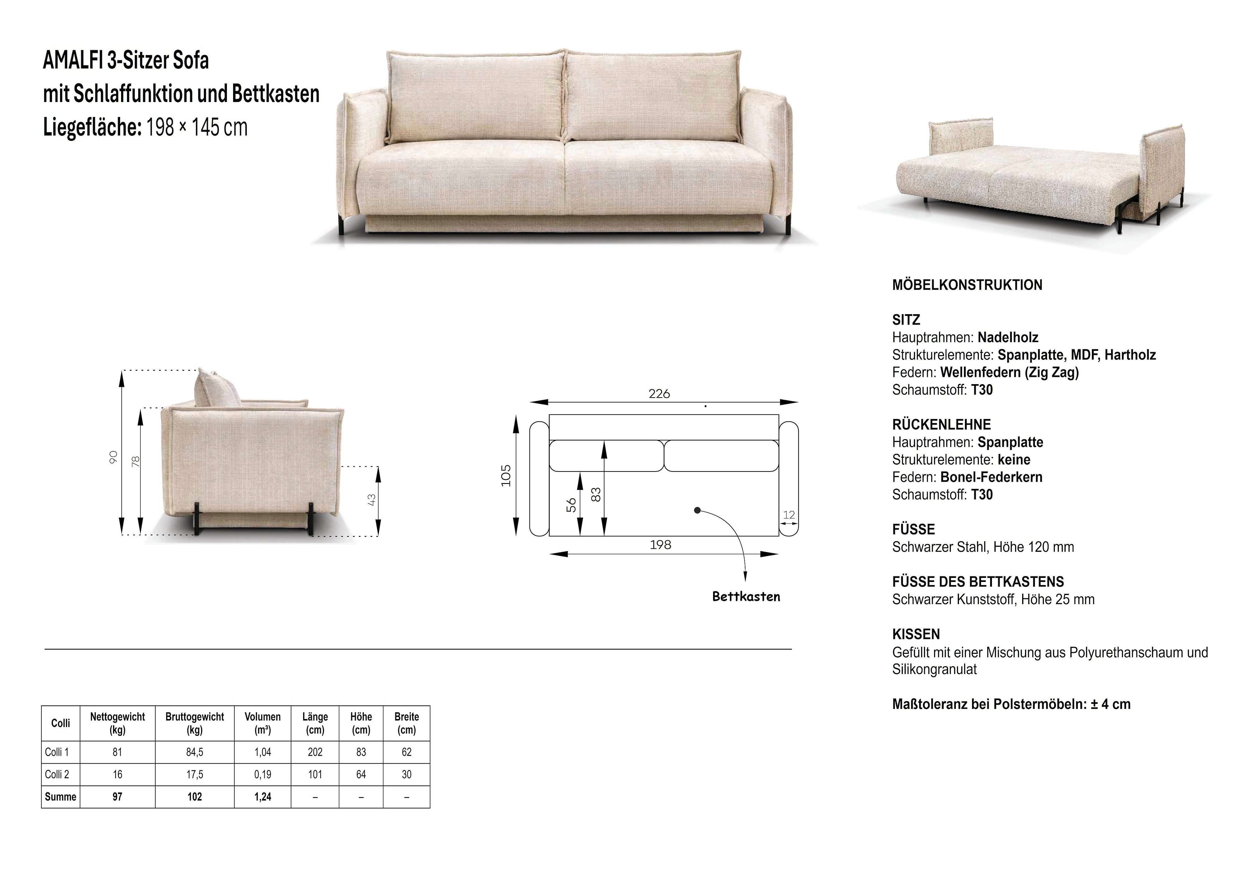 Möbel für Dich 3-Sitzer Bettsofa Schlafsofa Amalfi, bezogen mit Cord oder Strukturstoff, mit Bettkasten und großer Liegefläche