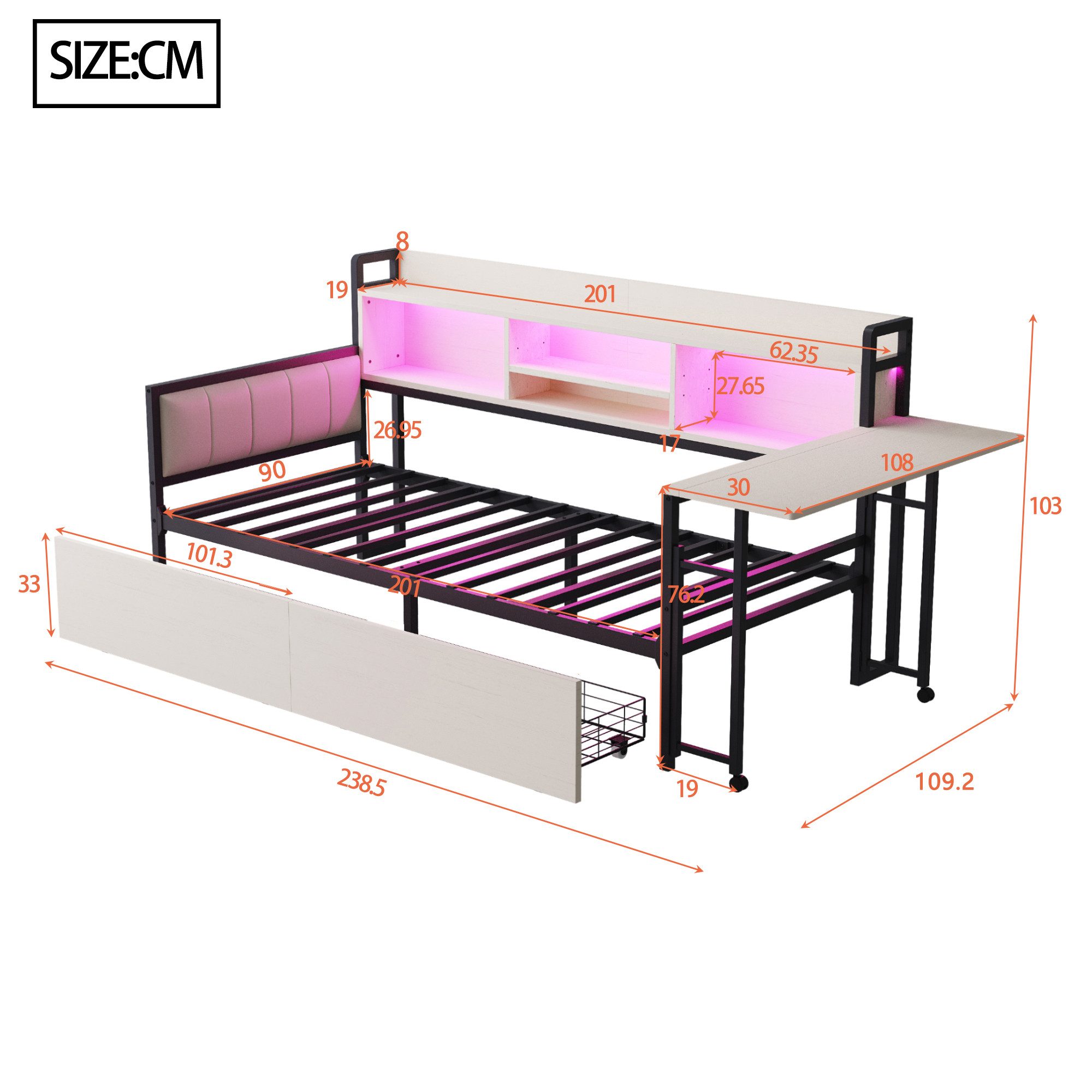 Flieks Daybett, Metallbett Kinderbett 90x200cm mit LED Aufladen Schubladen Klapptisch
