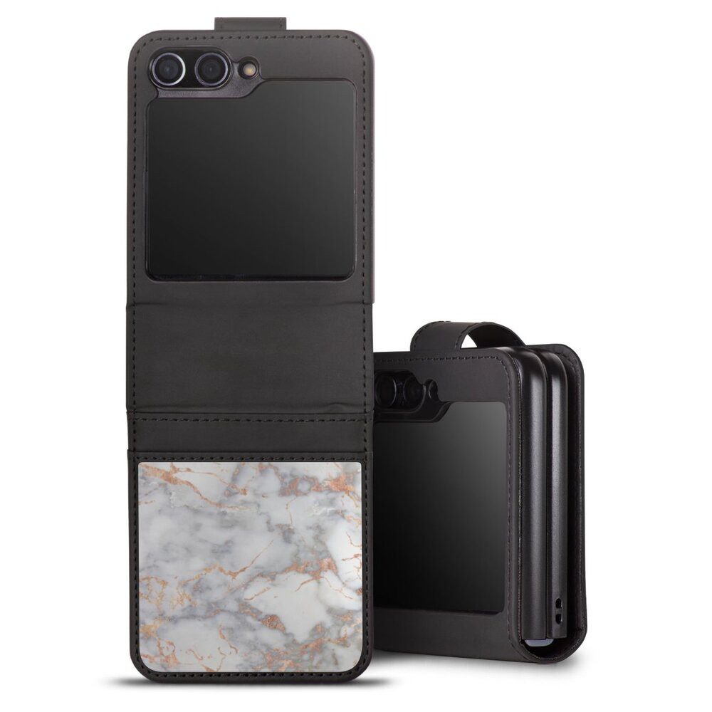 DeinDesign Handyhülle Gold Marmor Glitzer Look White and Golden Marble Look, Samsung Galaxy Z Flip 5 Hülle Handy Flip Case Wallet Cover
