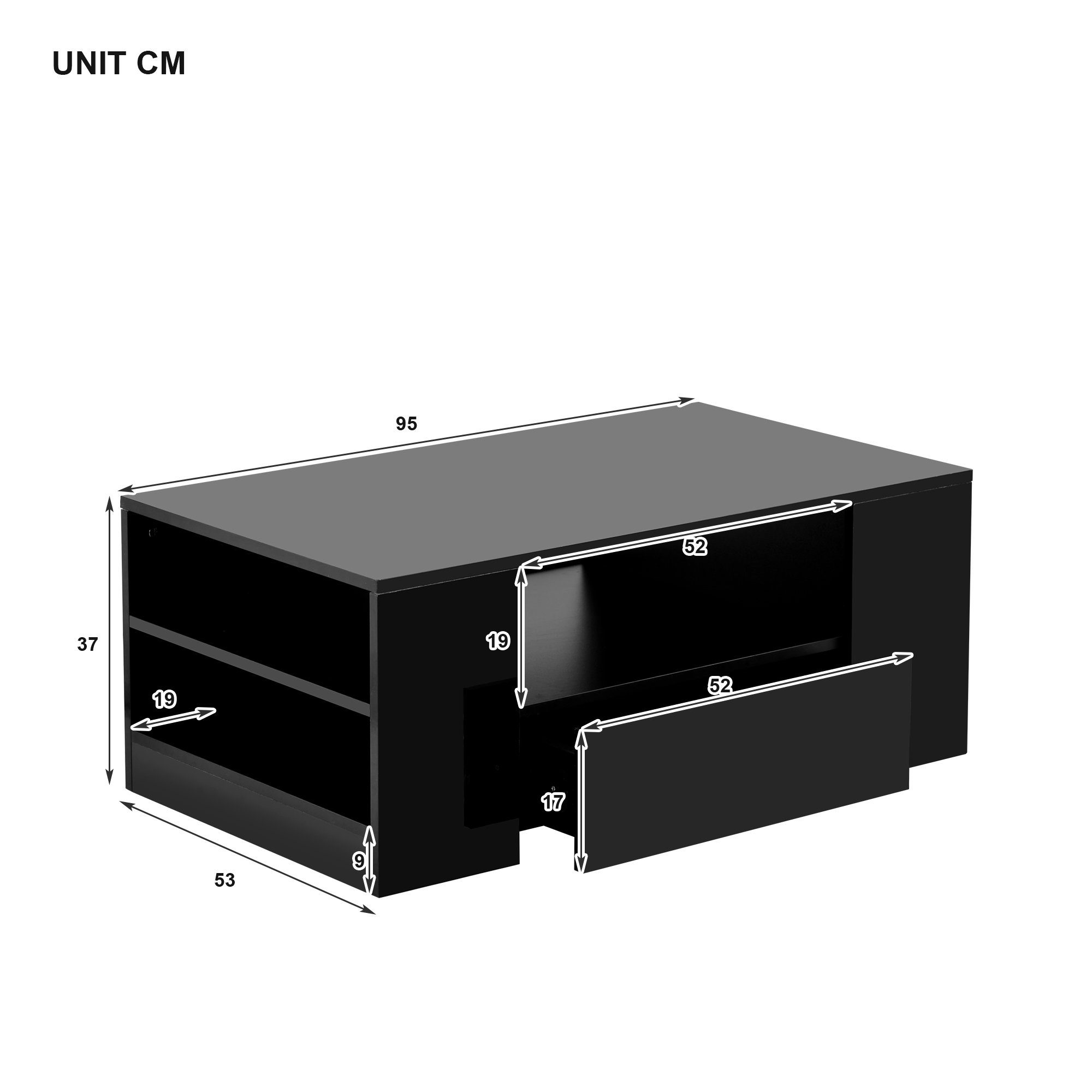 Couchtisch (Wohnzimmertisch Hochglanz Schwarz), Sofatisch mit LED-Beleuchtung, 2 Schubladen, 2 Regale, 95 x 53 x 37 cm