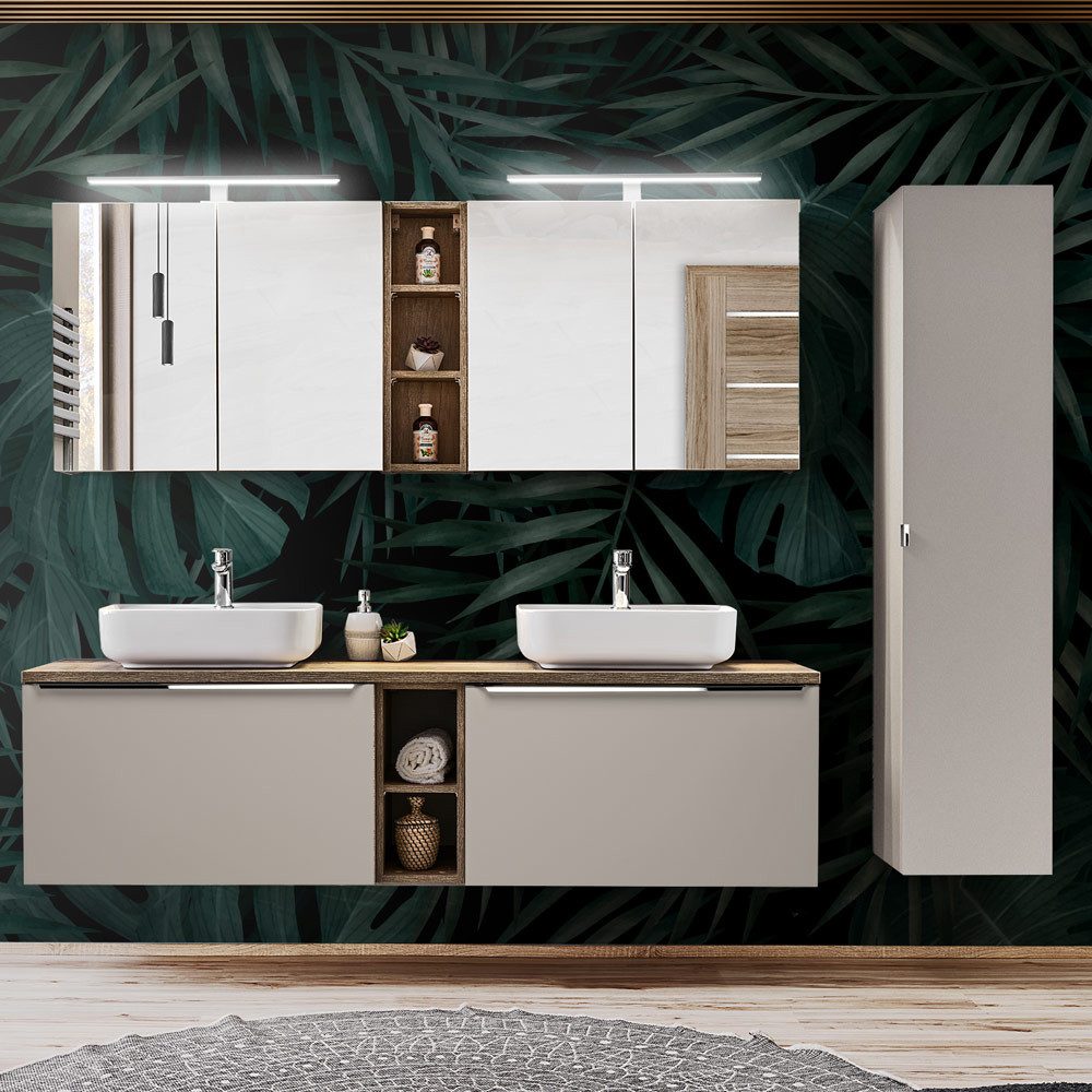 Lomadox Badmöbel-Set PUEBLA-56-TAUPE, (Spar-Set, 12-St), Eiche Doppelwaschtisch Keramik-Waschbecken Spiegelschrank Hochschrank