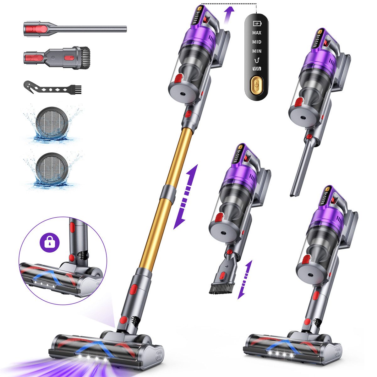 AeroAxis Akku-Hand-und Stielstaubsauger Akku-Stielstaubsauger 70000Pa Saugkraft, 75Min Laufzeit, Selbststehend, 680 W, beutellos, Anti-Tangle-Bürste für Tierhaare & Teppich, 1,8L Große Staubbehälter