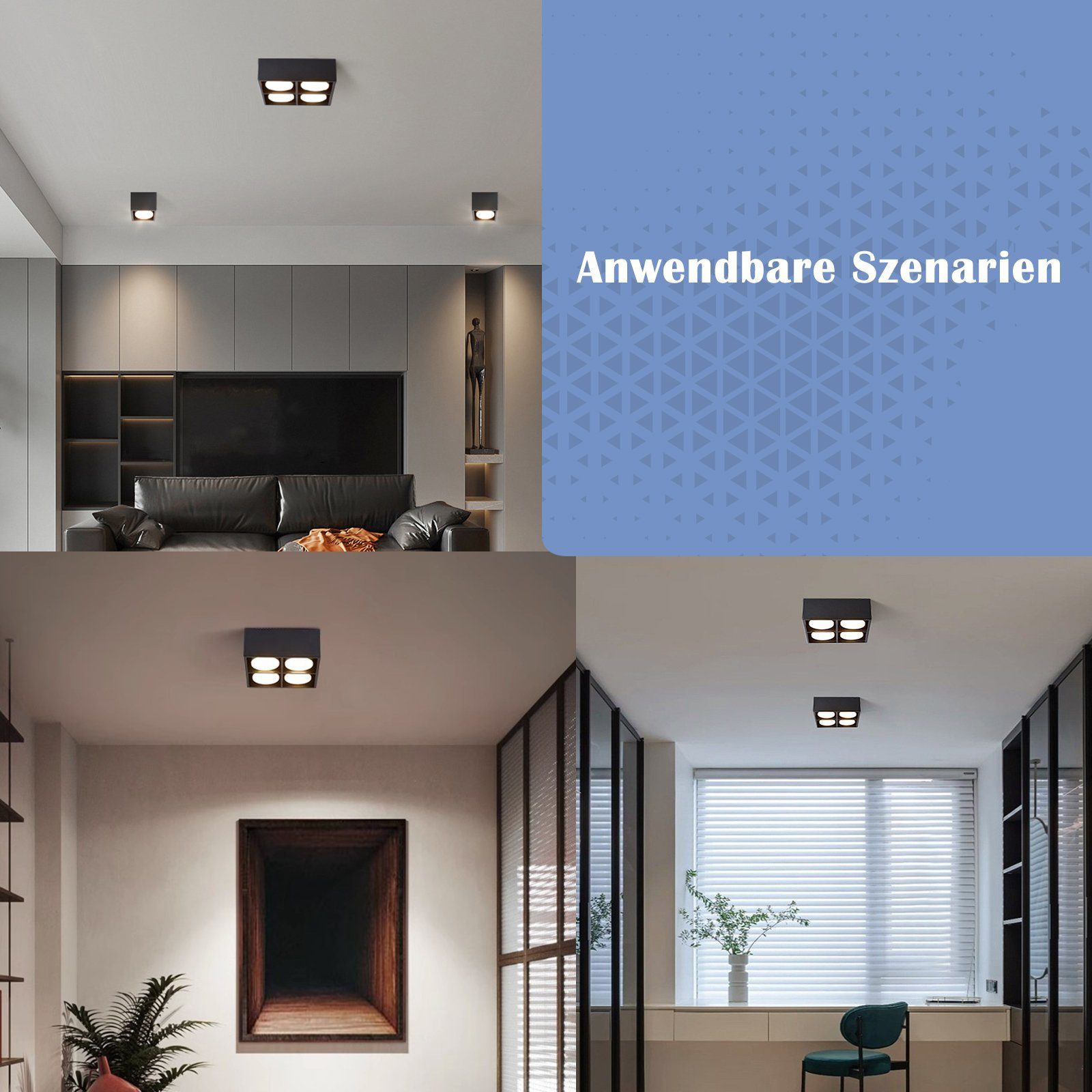 Flammig Wohnzimmer Büro Deckenleuchte mit LED Schwarz fest Aufputz 3000k, ZMH 20W Flur, integriert, LED Aufbaustrahler, Esszimmer für Schwenkbar Küche Deckenstrahler 4