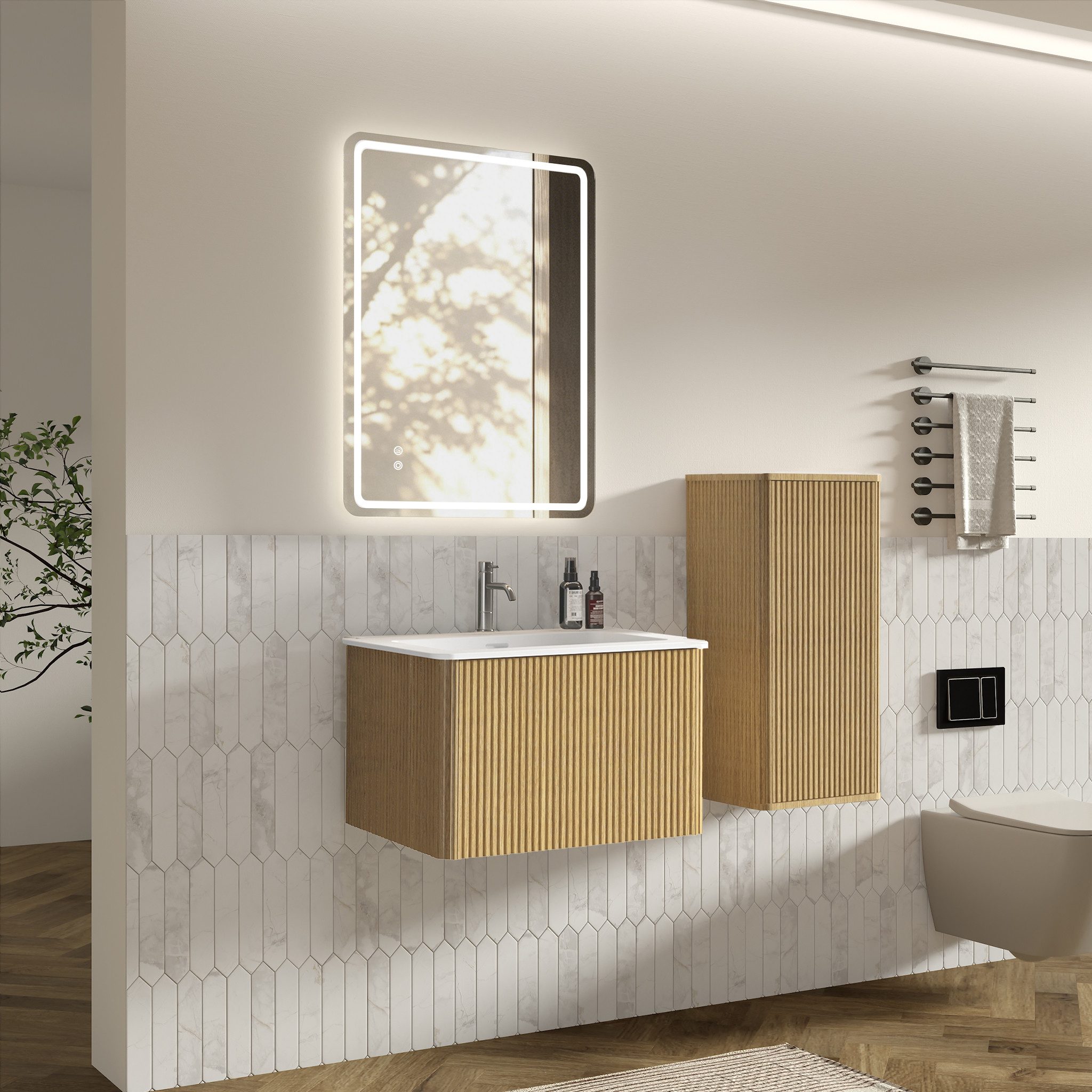 i@home Badezimmerspiegelschrank Badmöbel Set mit LED Spiegel und Seitenschrank (Packung Set) Unterschrank mit Waschbecken quadratischer Badspiegel Seitenschrank