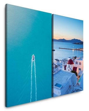 Sinus Art Leinwandbild 2 Bilder je 60x90cm Griechenland Santorini Mediterran Boot Türkis Mittelmeer Urlaub