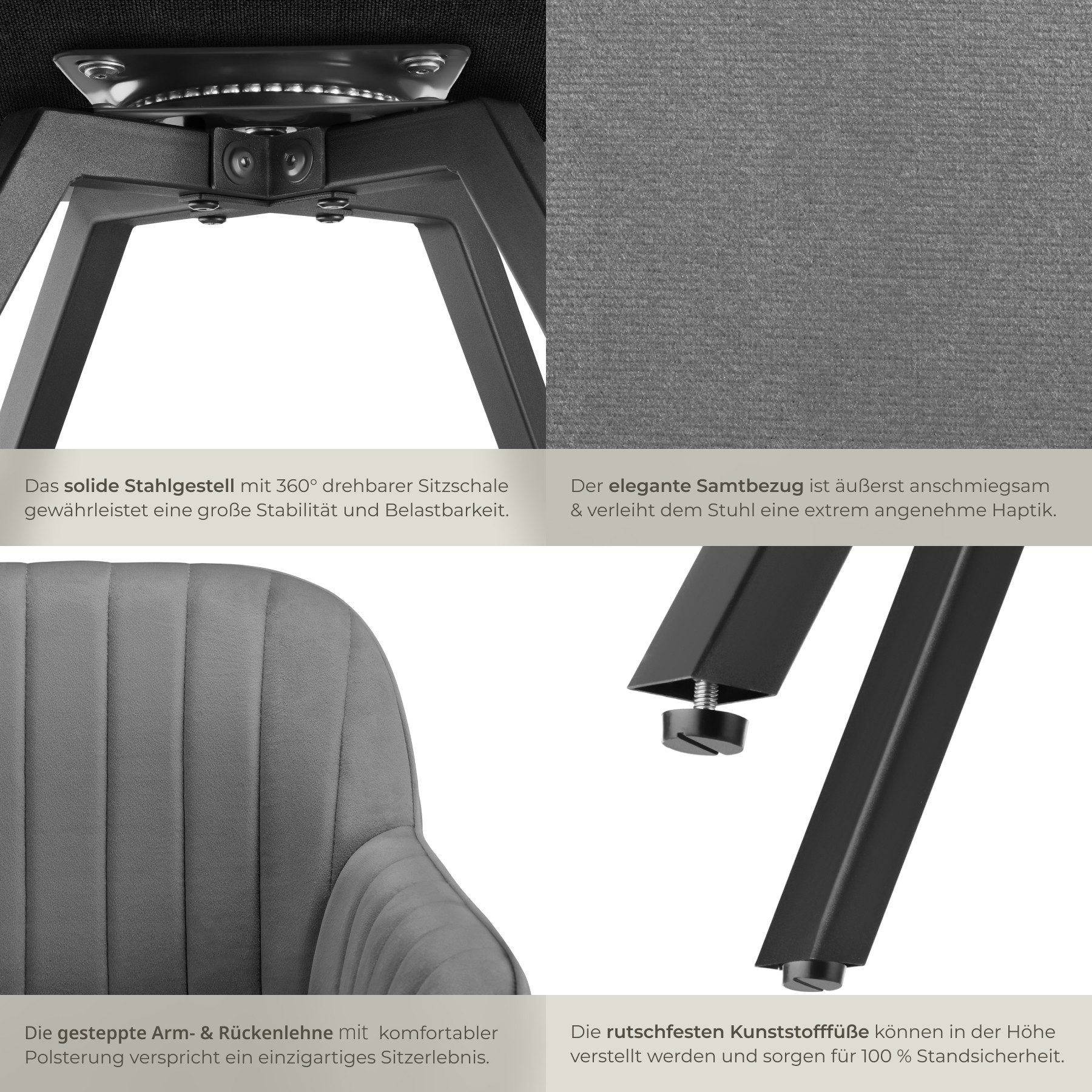 tectake Esszimmerstuhl Drehbarer Armlehnstuhl gepolstert, in Samtoptik, 58 x 58 x 82 cm (Polsterstuhl Snug in grau, 1 St), 360° drehbar, Stahlbeine, höhenverste – Bild 5 von 5