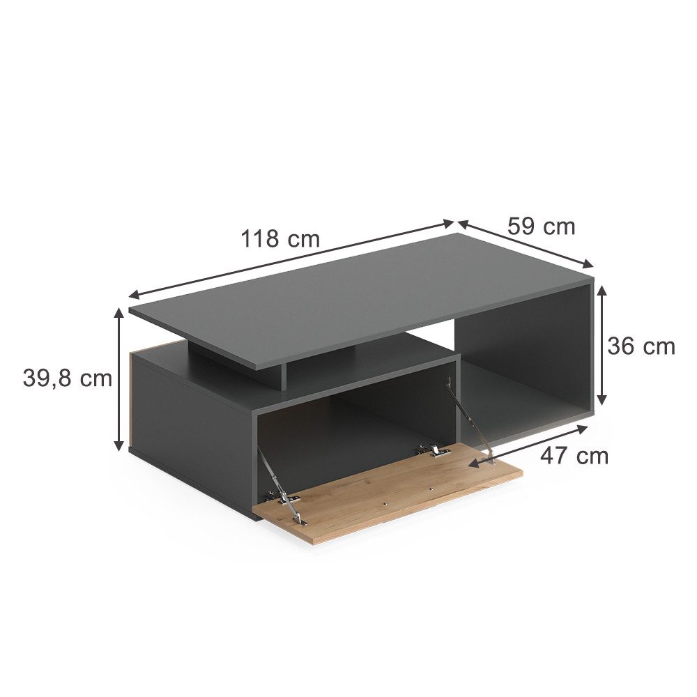 Vicco Couchtisch Roland, Anthrazit/Goldkraft Eiche, 118 günstig online kaufen