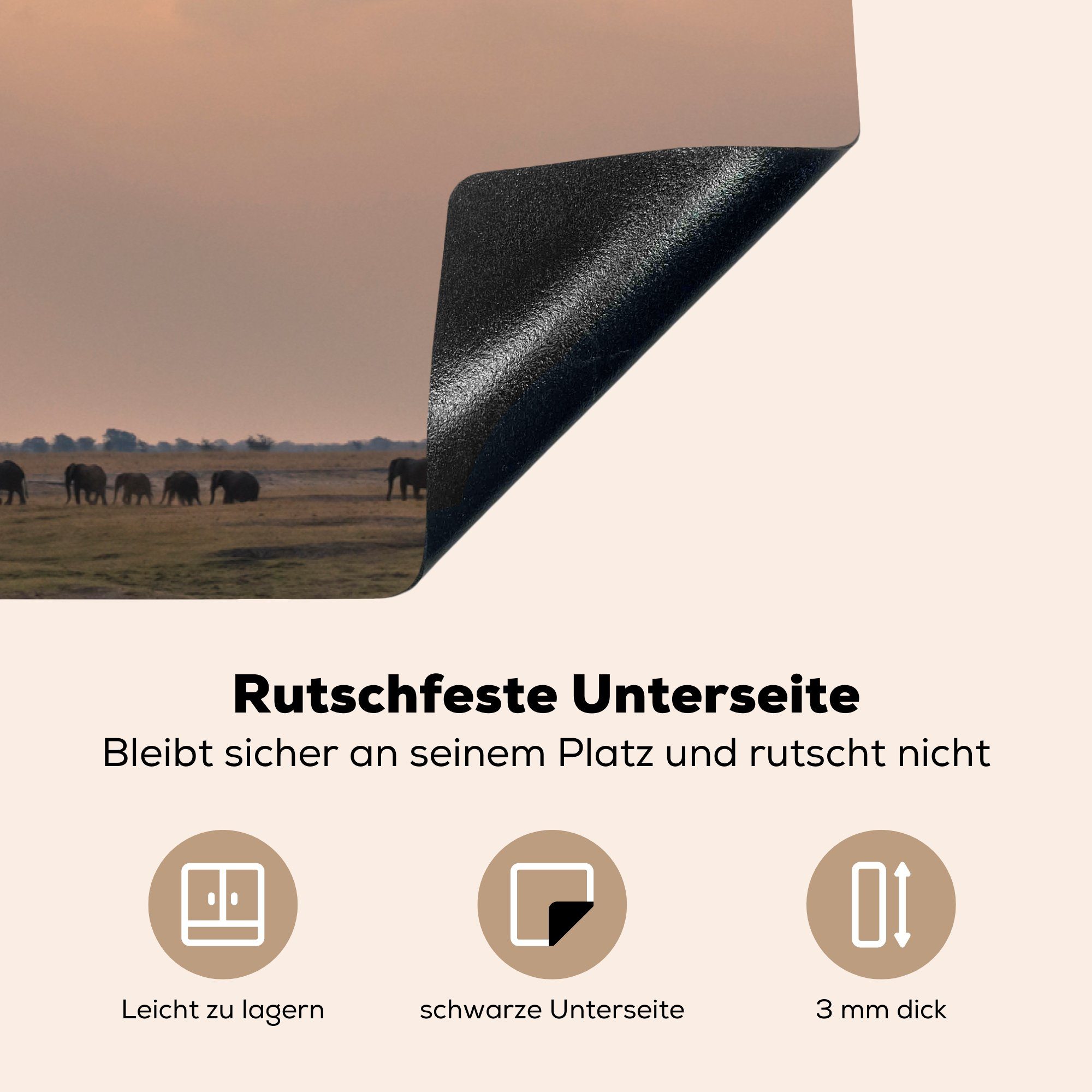 die cm, über Induktionskochfeld tlg), Vinyl, (1 Savanne für Chobe-Nationalpark., der Herdblende-/Abdeckplatte Sonnenstrahlen MuchoWow 81x52 im Schutz küche, Ceranfeldabdeckung